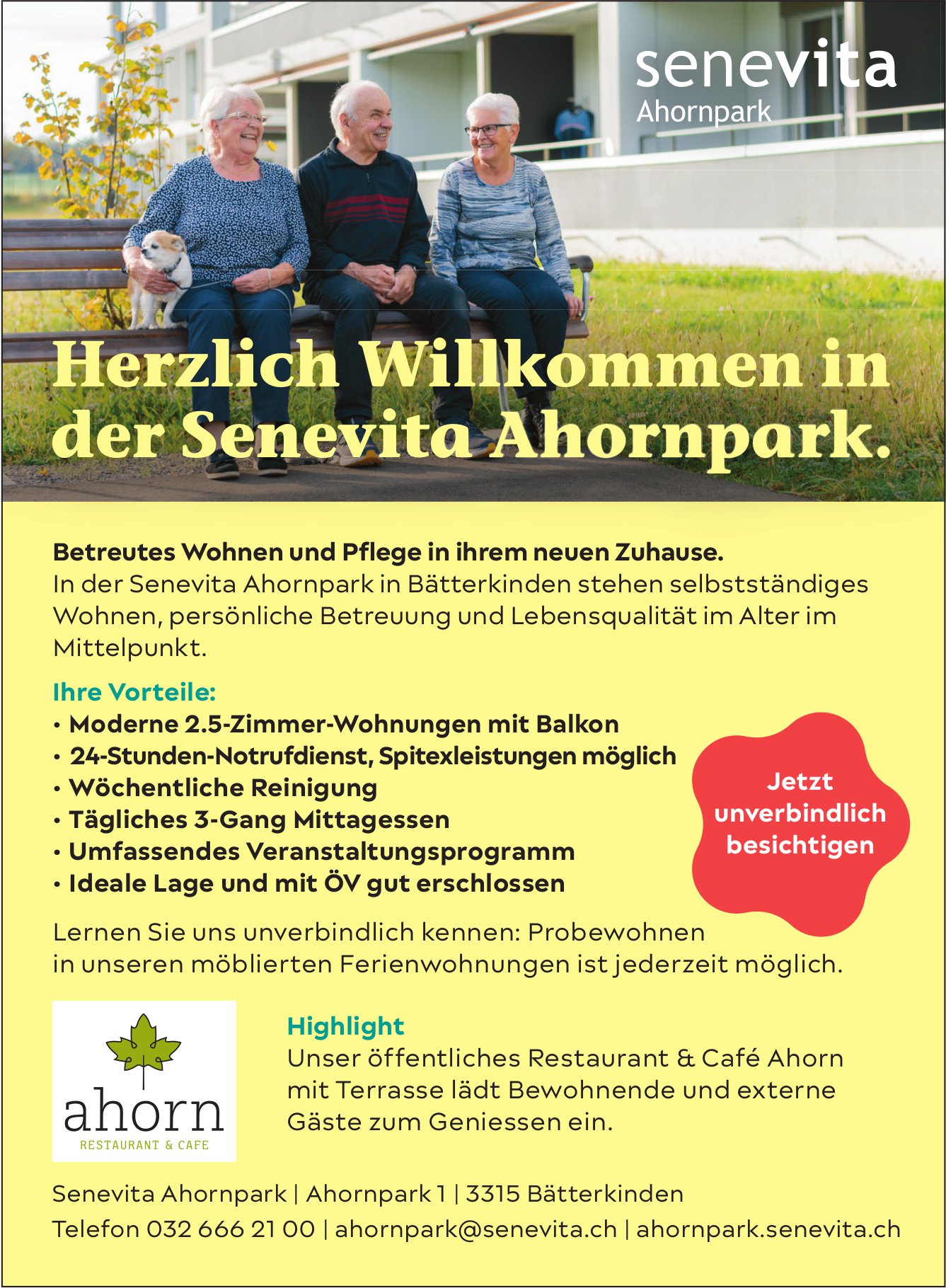 Herzlich Willkommen in der Senevita Ahornpark., 2½-Zimmer-Wohnung, Bätterkinden, zu vermieten