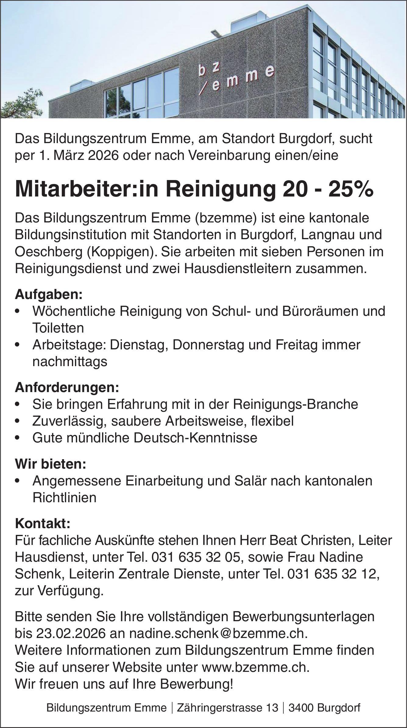 Mitarbeiter:in Reinigung 20 - 25%, Bildungszentrum Emme, Burgdorf, Gesucht