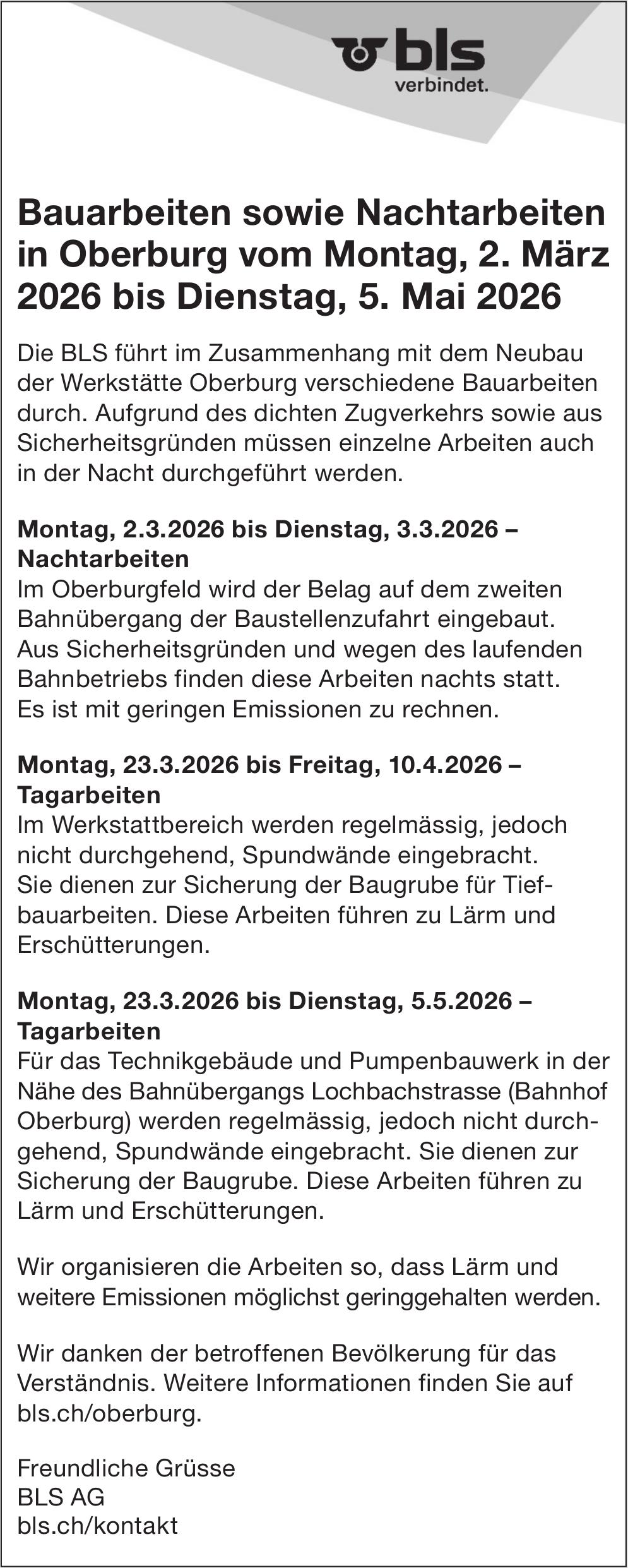 BLS AG, Bauarbeiten sowie Nachtarbeiten in Oberburg vom Montag, 2. März 2026 bis Dienstag, 5. Mai 2026