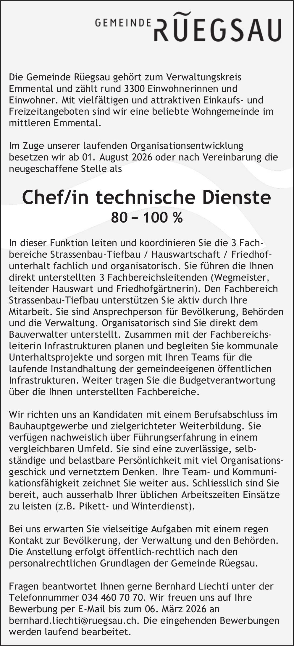 Chef/in technische Dienste 80 – 100 %, Gemeinde Rüegsau, Gesucht