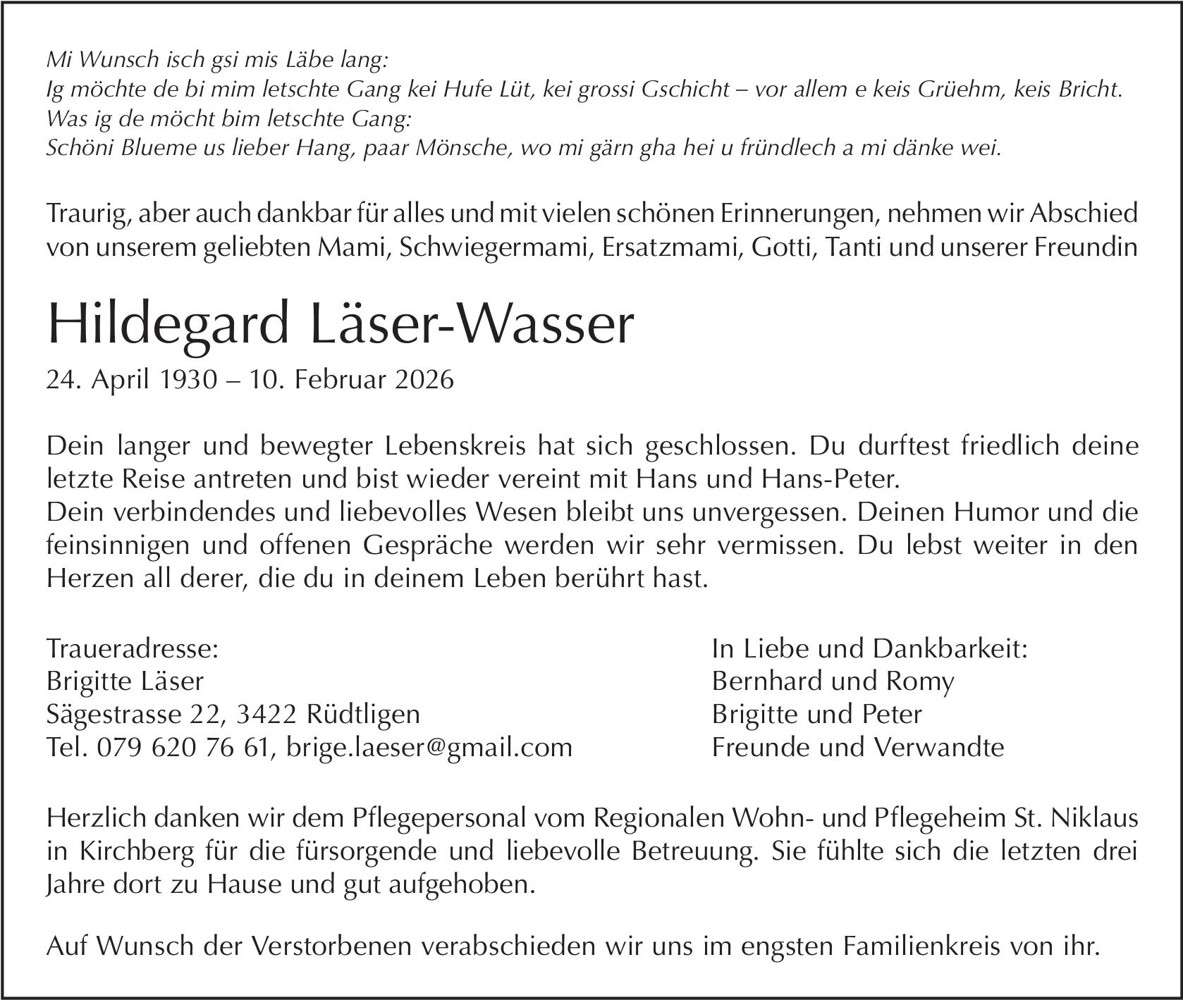 Hildegard Läser-Wasser, Februar 2026 / TA