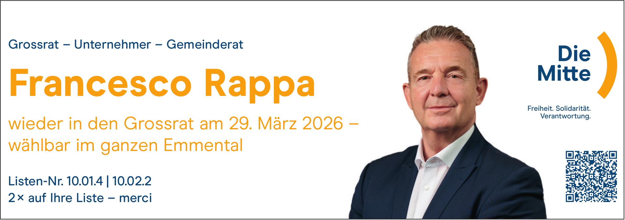 Die Mitte, Francesco Rappa wieder in den Grossrat am 29. März 2026–wählbar im ganzen Emmental