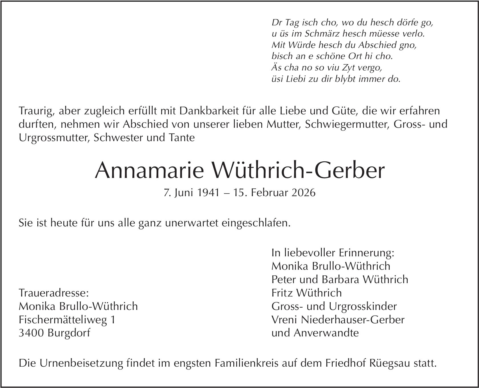 Annamarie Wüthrich-Gerber, Februar 2026 / TA