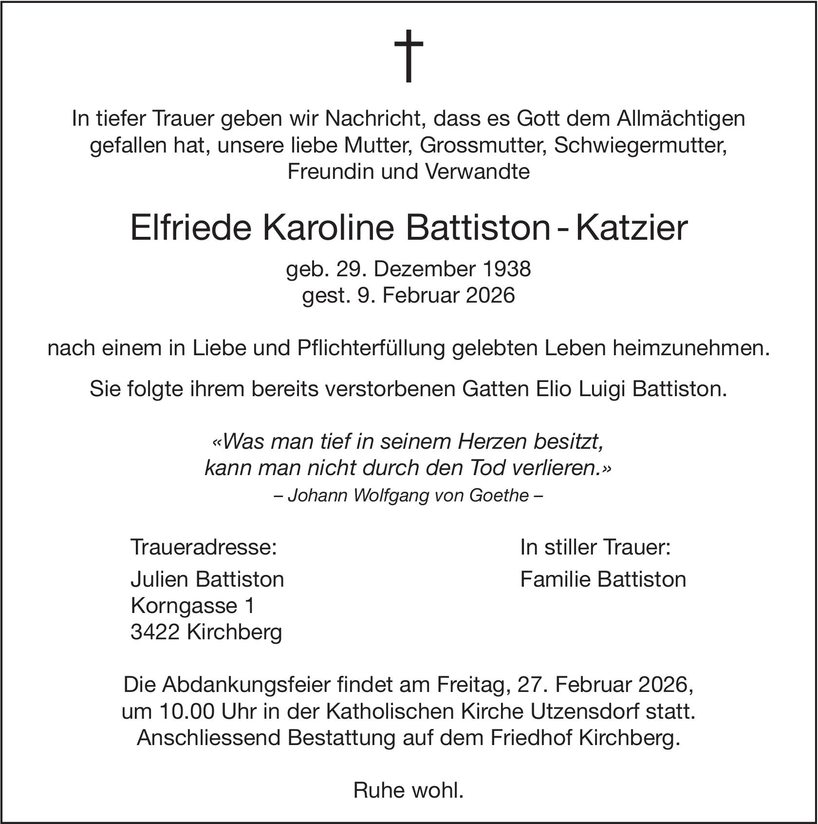 Elfriede Karoline Battiston-Katzier, Februar 2026 / TA