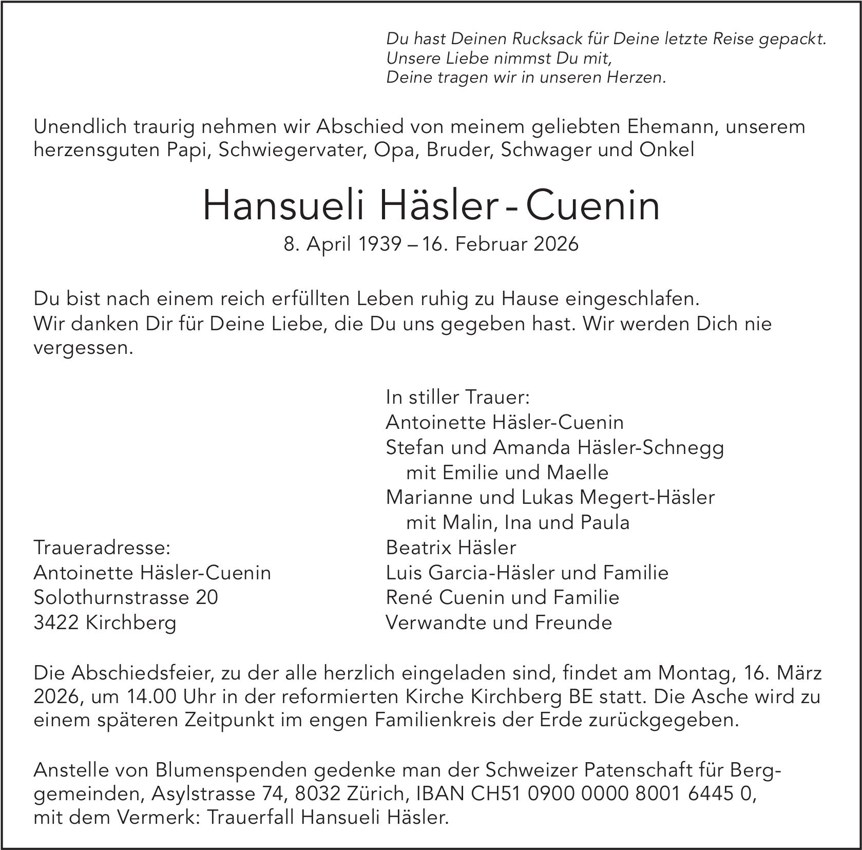 Hansueli Häusler-Cuenin, Februar 2026 / TA