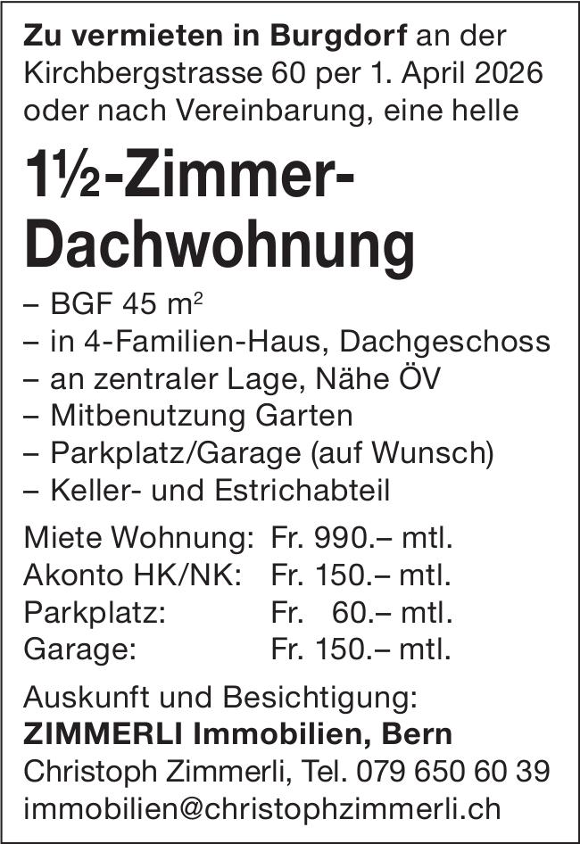1½-Zimmer-Dachwohnung, 1½ Zimmer-Wohnung, Burgdorf, zu vermieten