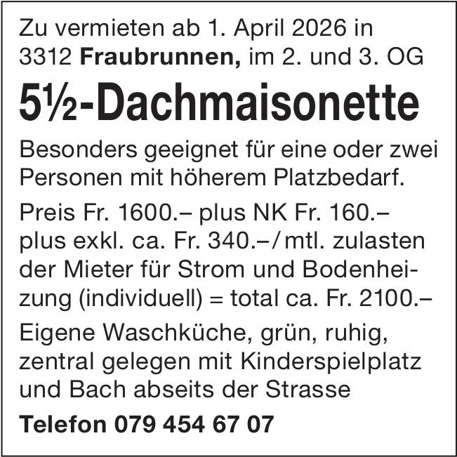 5½-Dachmaisonette, Fraubrunnen, zu vermieten