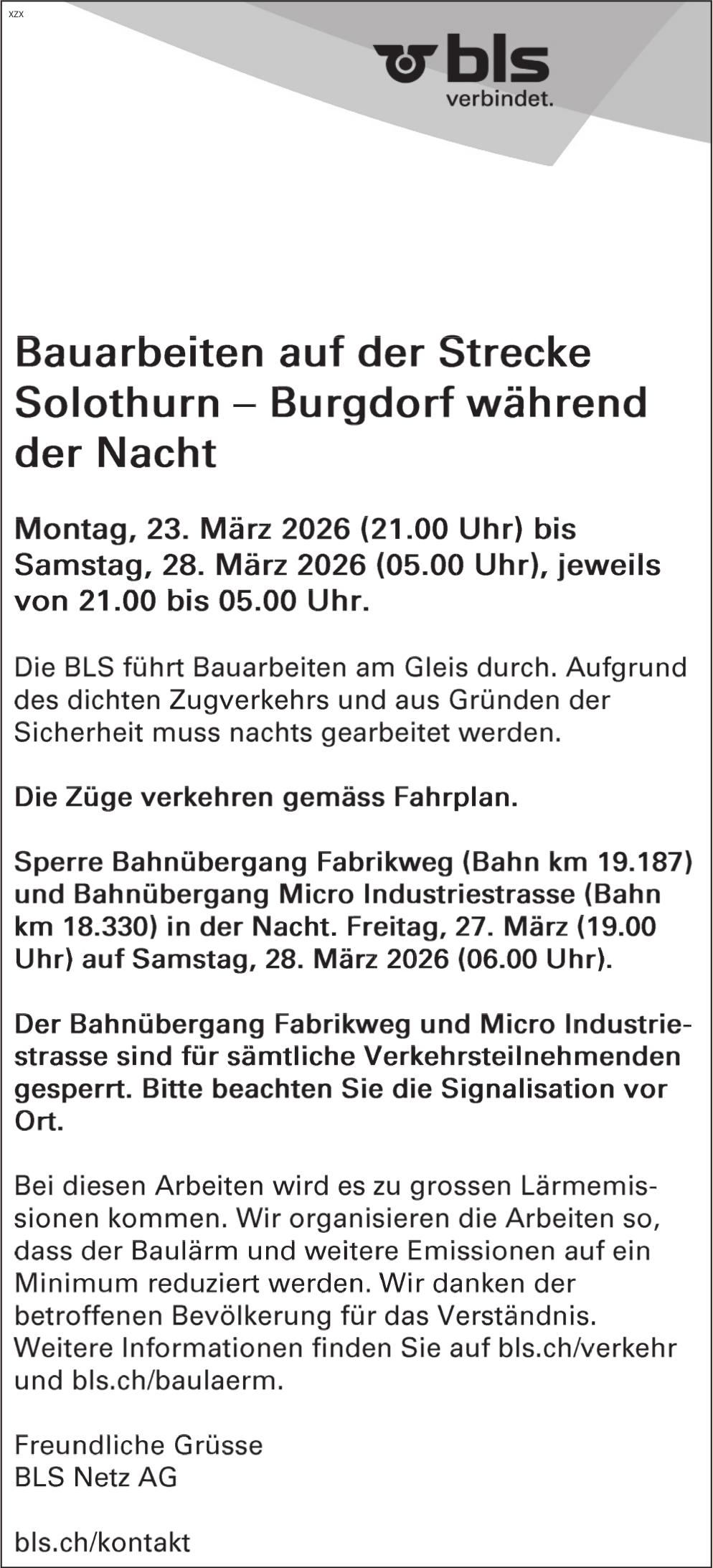 BLS Netz AG, Bauarbeiten auf der Strecke Solothurn – Burgdorf während der Nacht