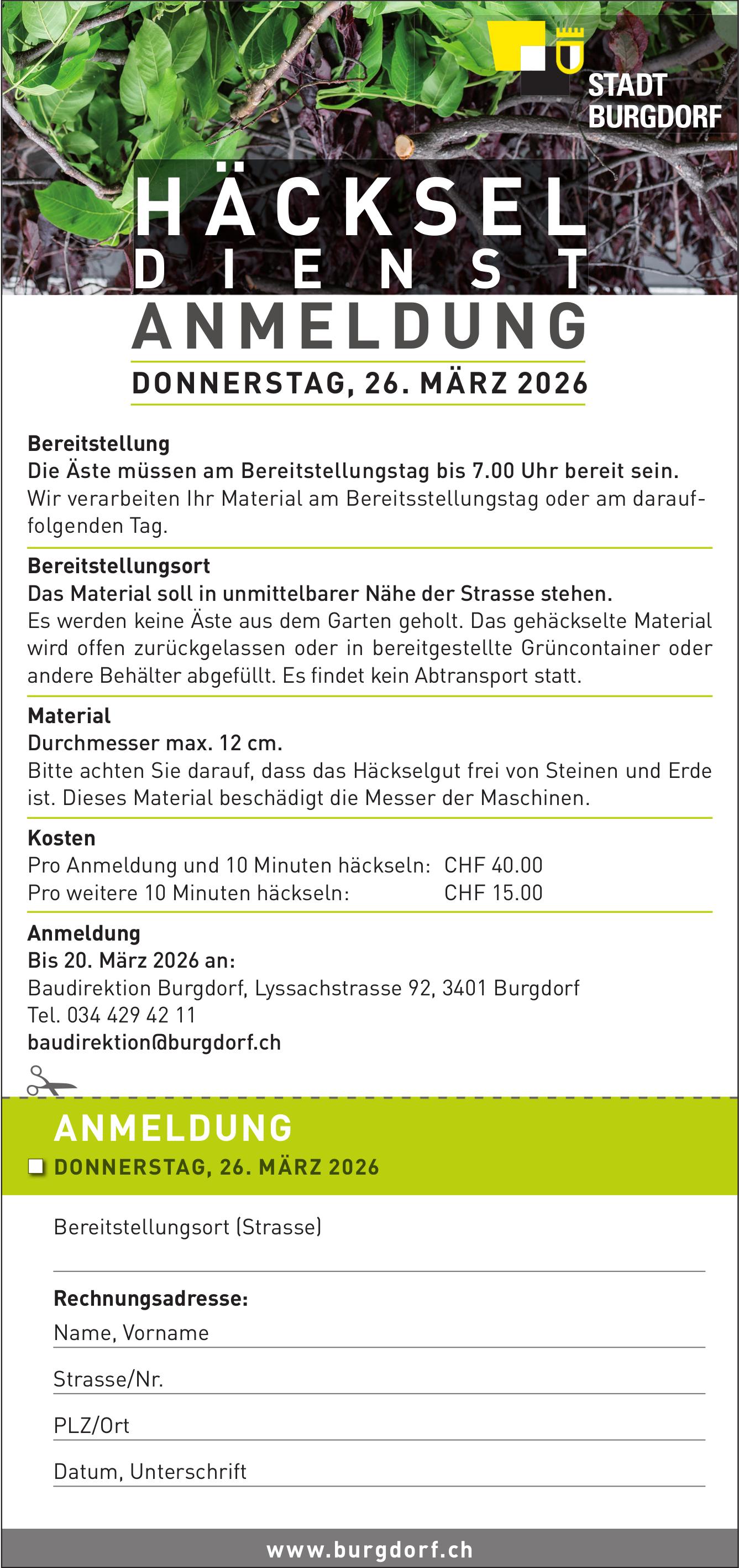 STADT BURGDORF, HÄCKSELDIENST ANMELDUNG