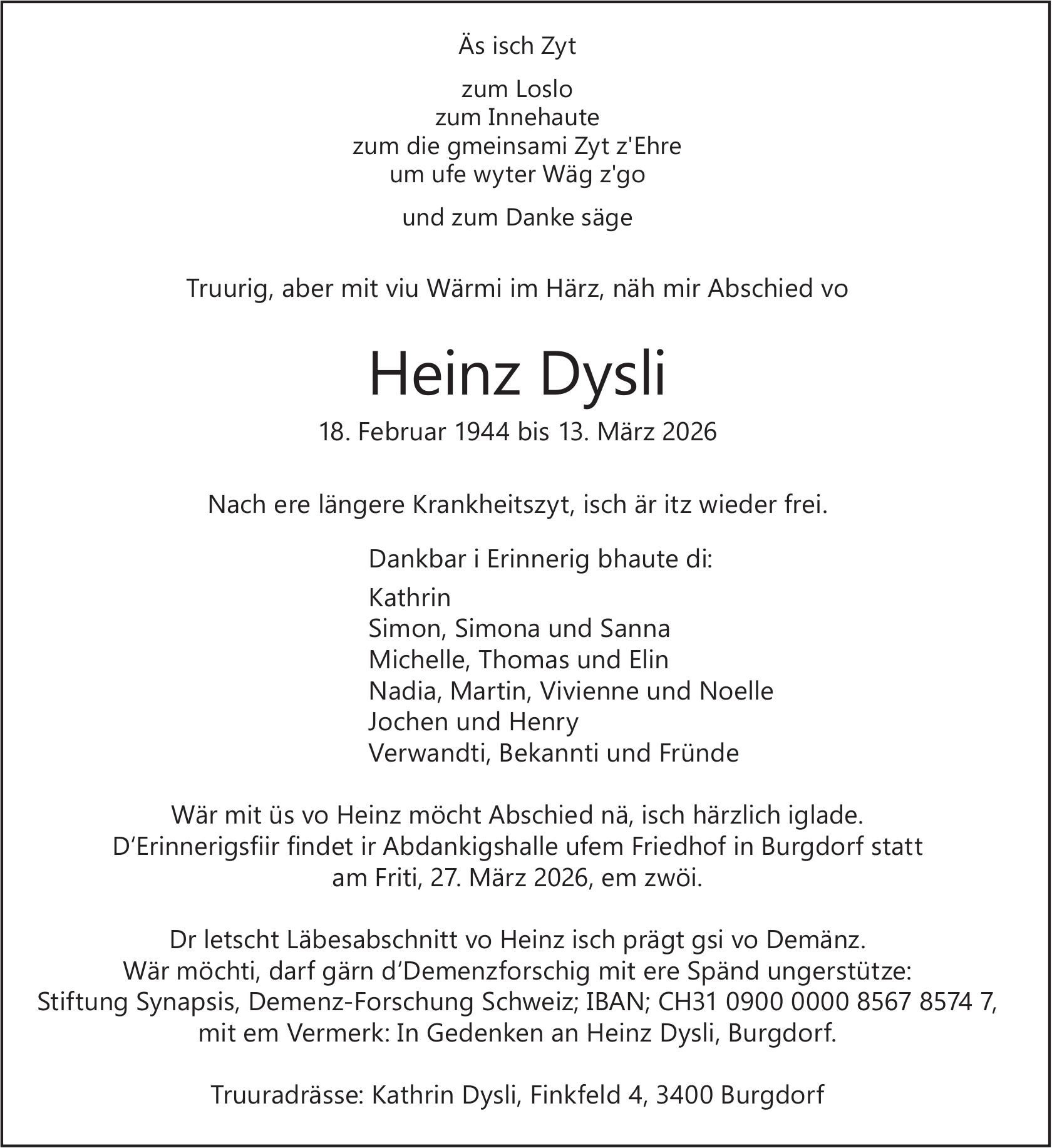 Heinz Dysli, März 2026 / TA