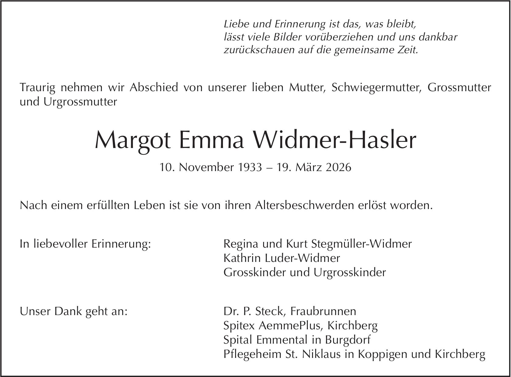 Margot Emma Widmer-Hasler, März 2026 / TA