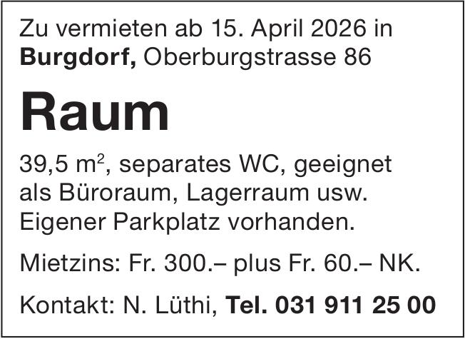 Raum 39, 5 m2, separates Wc,  geeignet als Büroraum,  Lagerraum usw., 1-Zimmer-Wohnung, Burgdorf,  zu vermieten