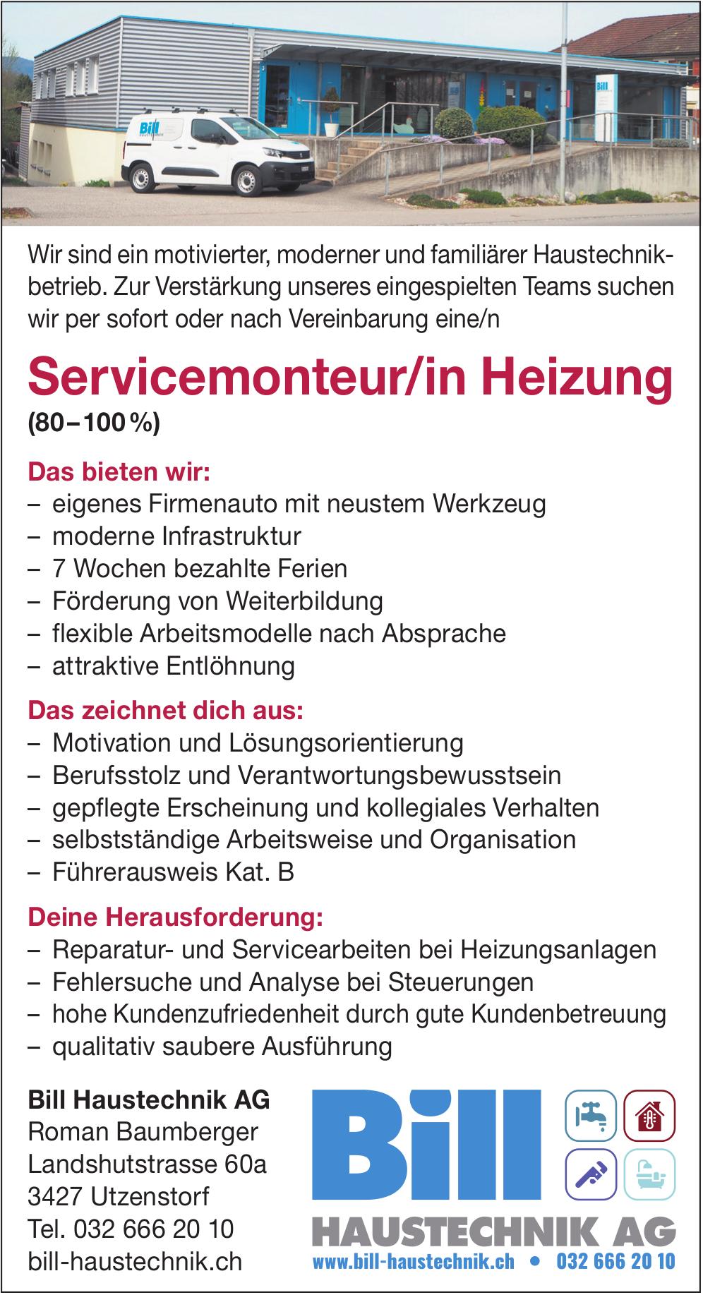 Servicemonteur/in Heizung, Bill Haustechnik AG, Utzenstorf, gesucht