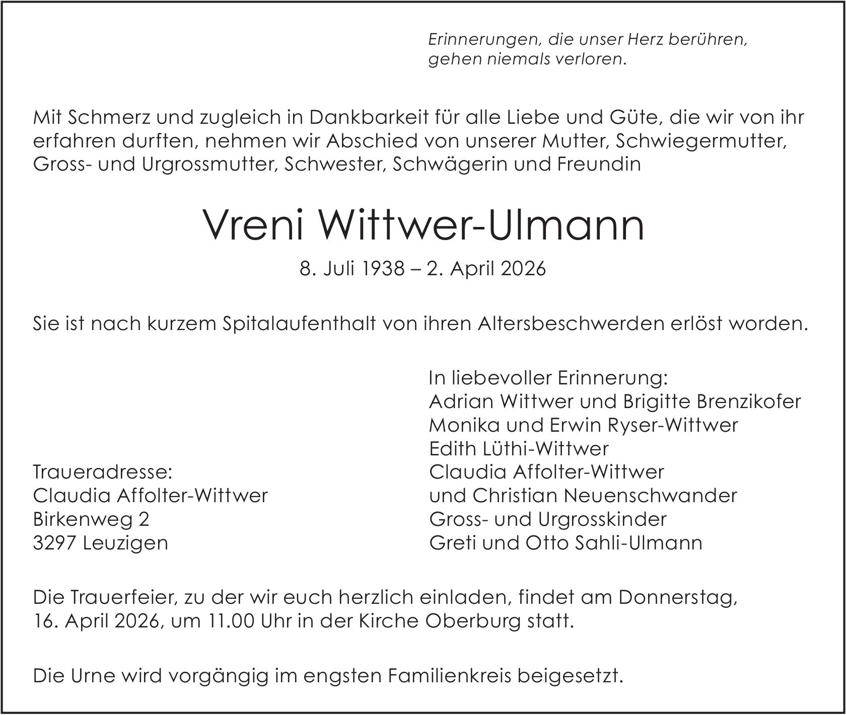 Wittwer-Ulmann Vreni, April 2026 / TA