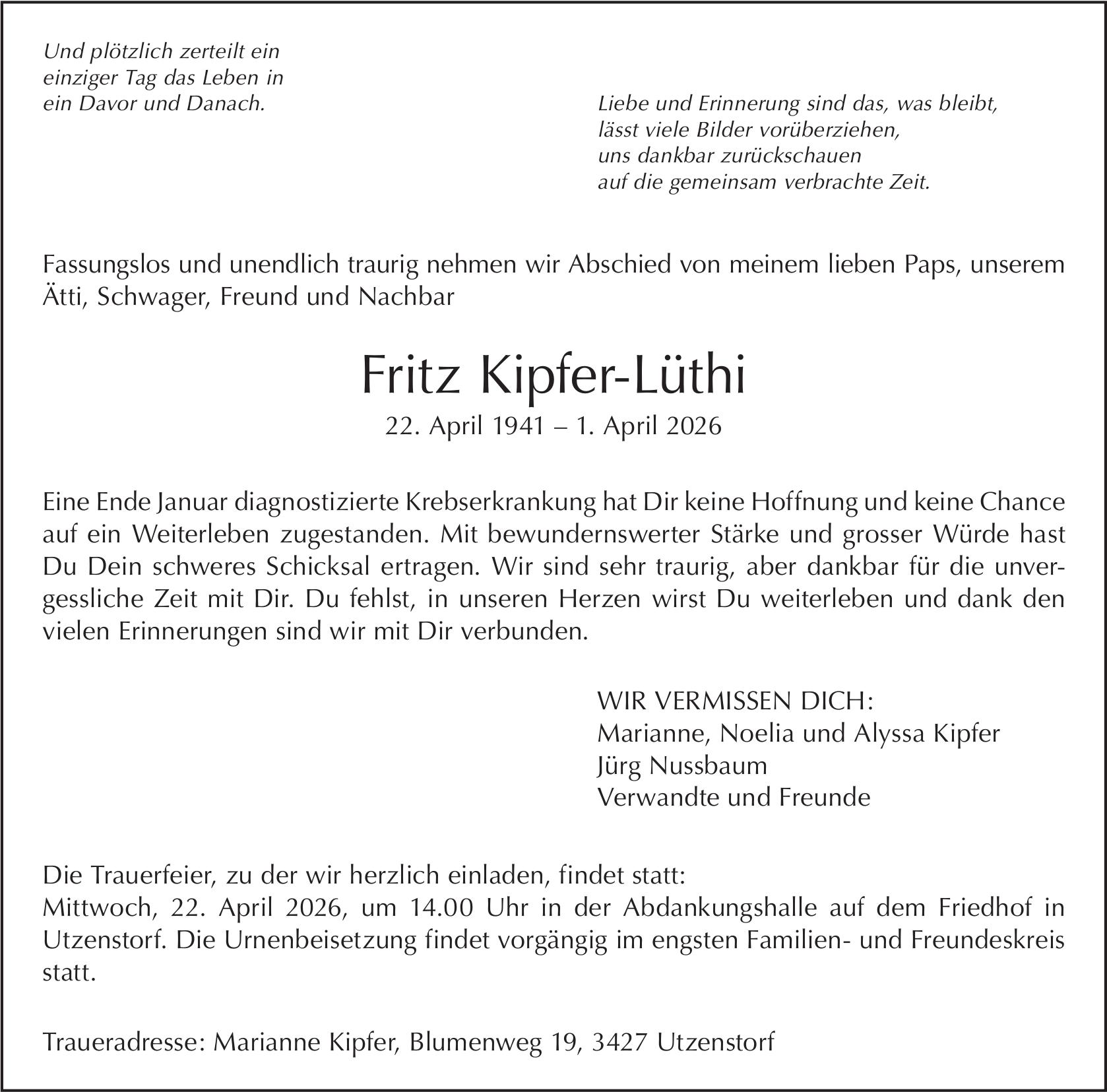 Fritz Kipfer-Lüthi, April 2026 / TA