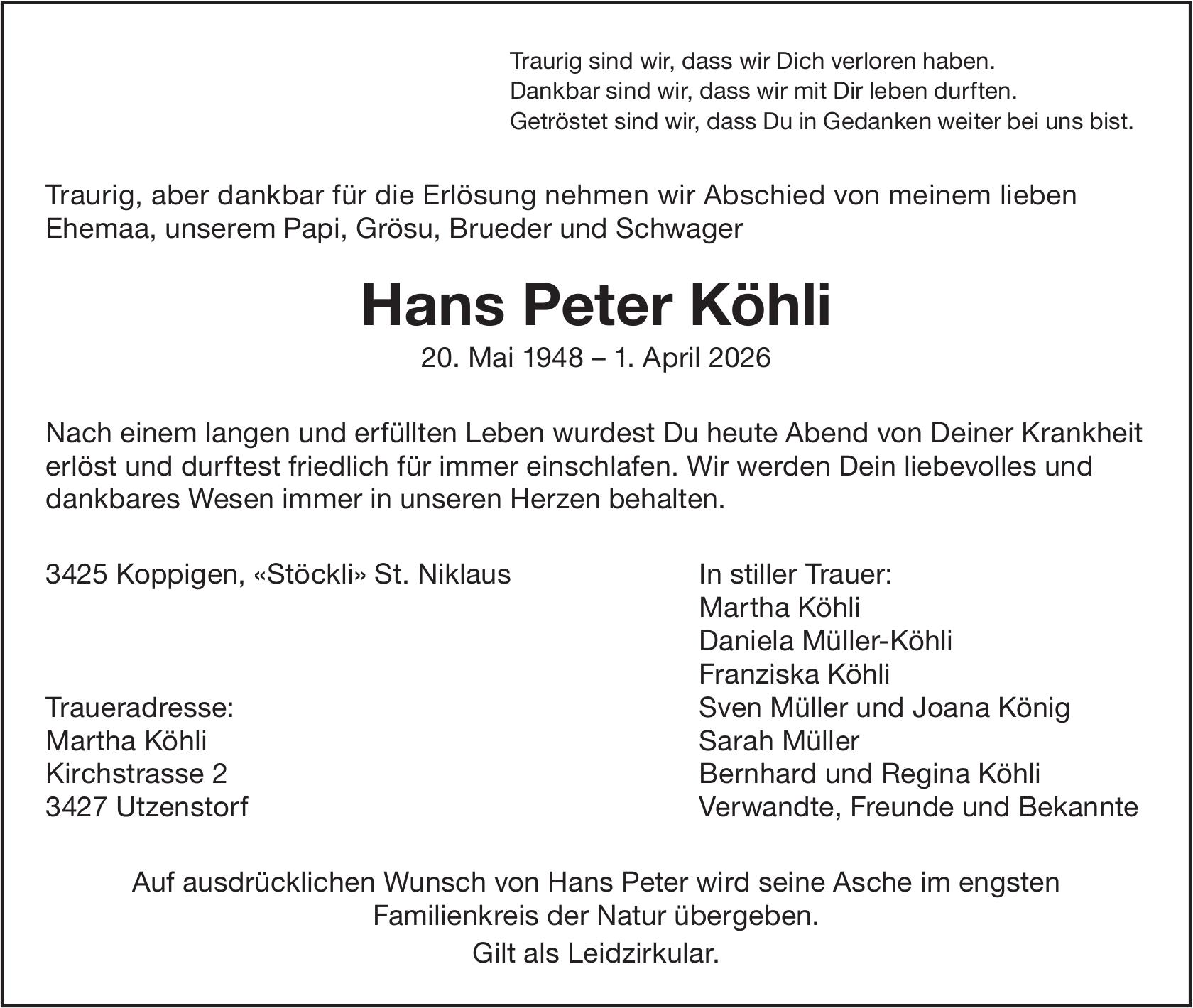 Hans Peter Köhli, April 2026 / TA