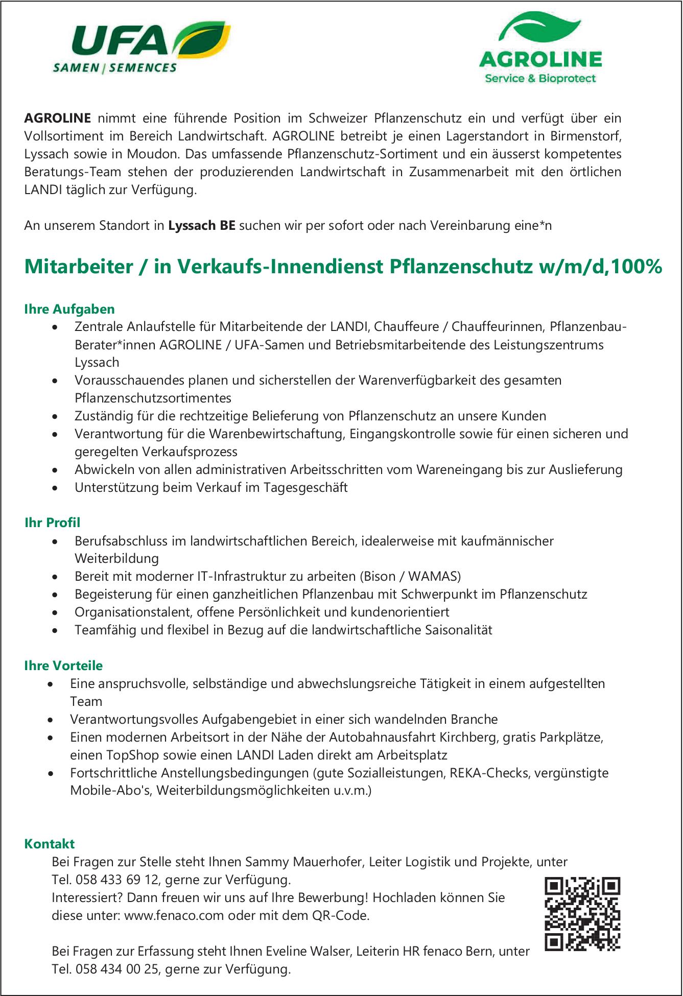 Mitarbeiter / in Verkaufs-Innendienst Pflanzenschutz w/m/d,100%, AGROLINE, Lyssach, Gesucht