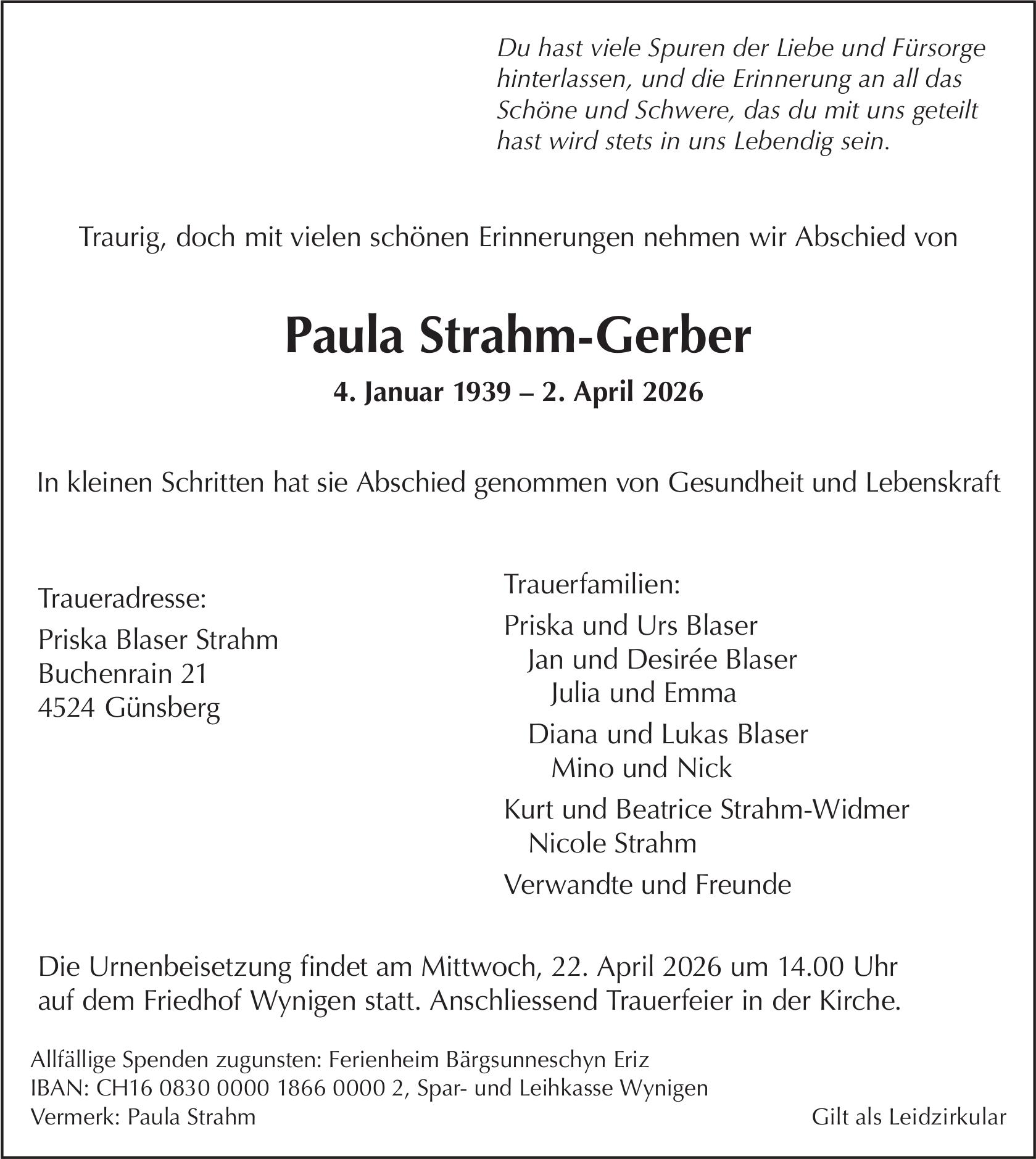 Paula Strahm-Gerber, April 2026 / TA
