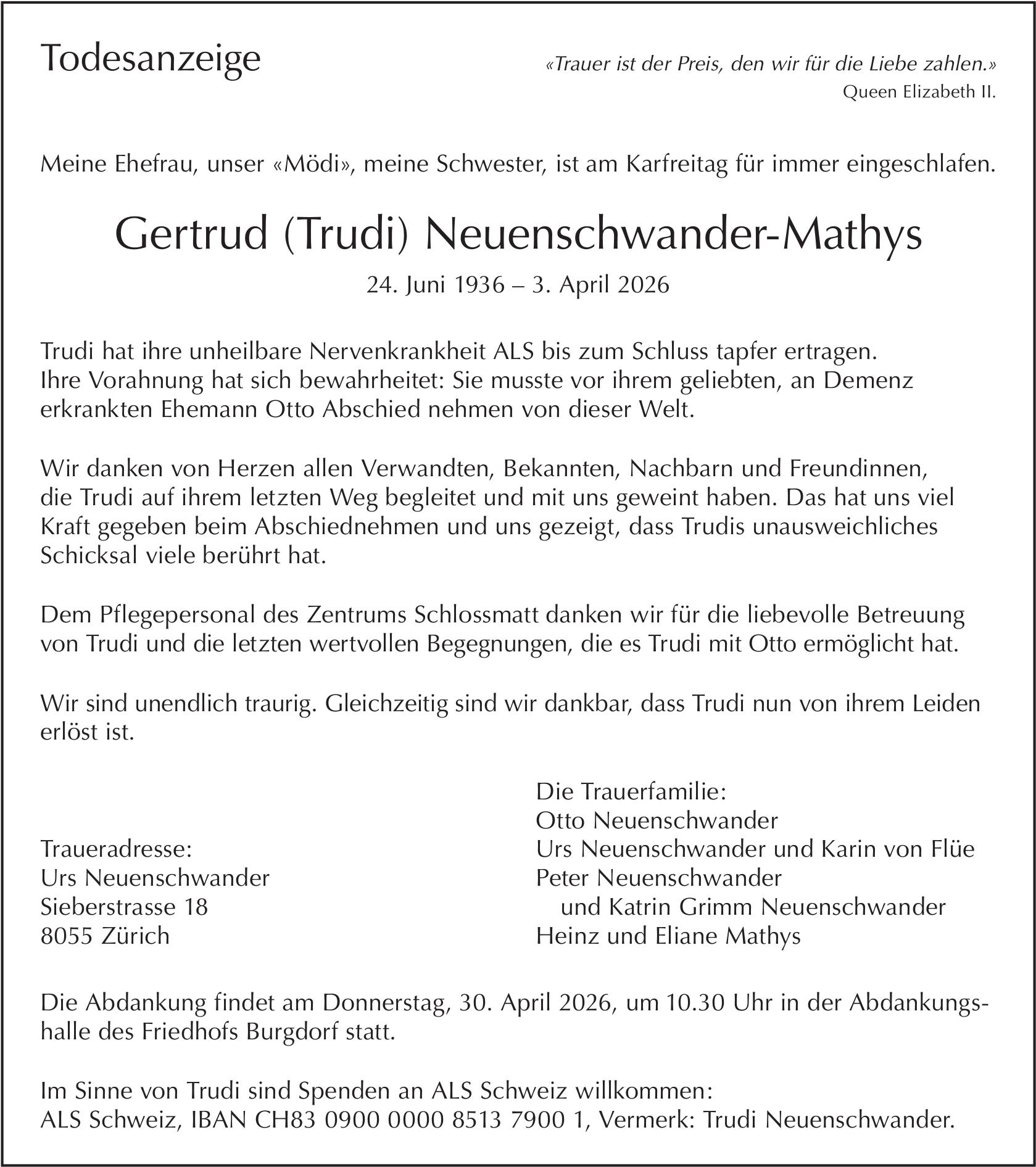 Gertrud (Trudi) Neuenschwander-Mathys, April 2026 / TA