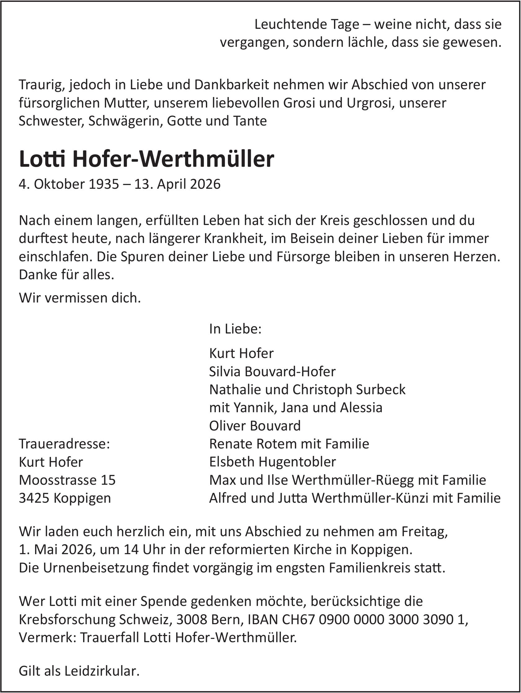 Lotti Hofer-Werthmüller, April 2026 / TA