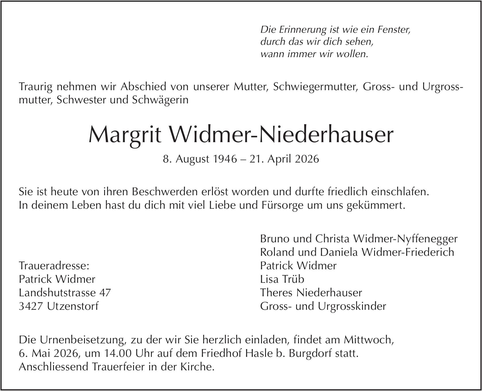 Widmer-Niederhauser Margrit, April 2026 / TA