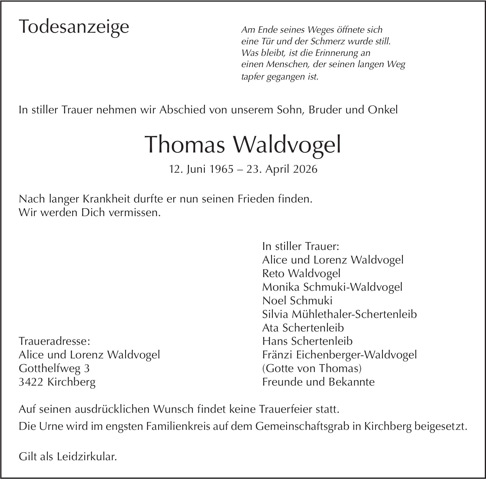 Thomas Waldvogel, April 2026 / TA