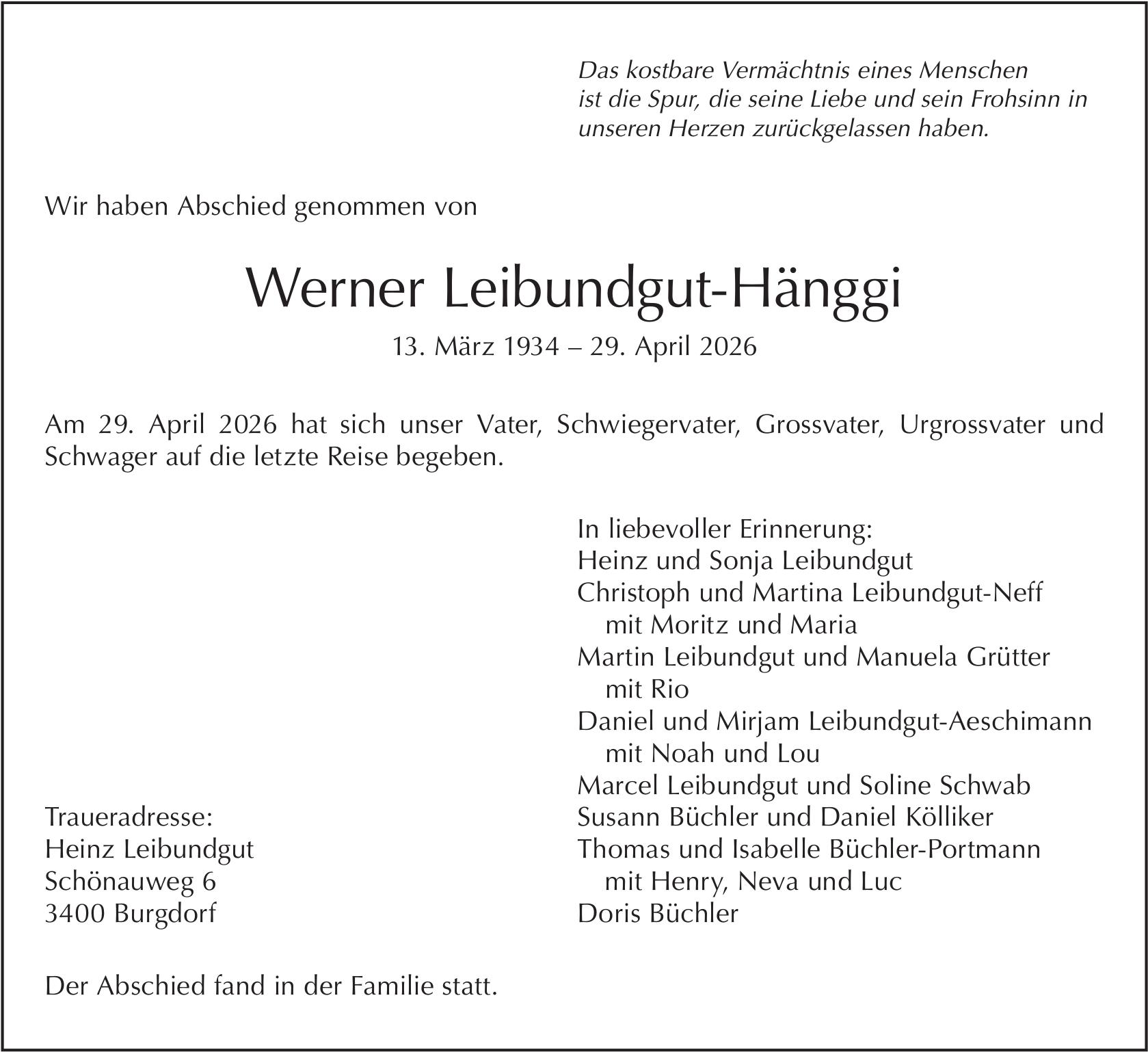 Werner Leibundgut-Hänggi, April 2026 / TA