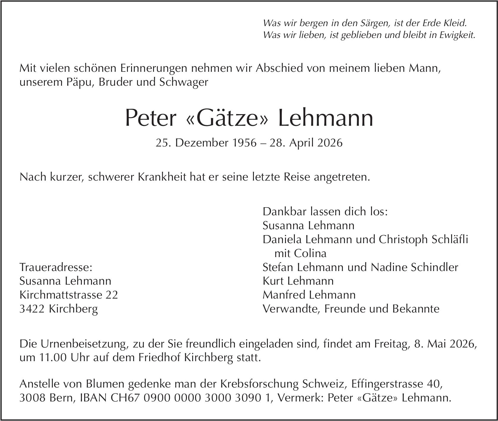 Peter «Gätze» Lehmann, April 2026 / TA