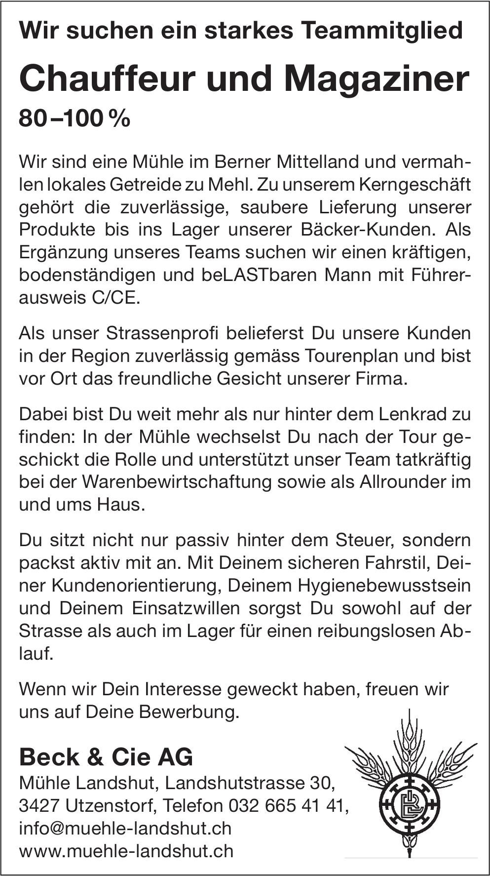 Chauffeur und Magaziner 80–100 %, Beck & Cie AG, Utzenstorf, Gesucht