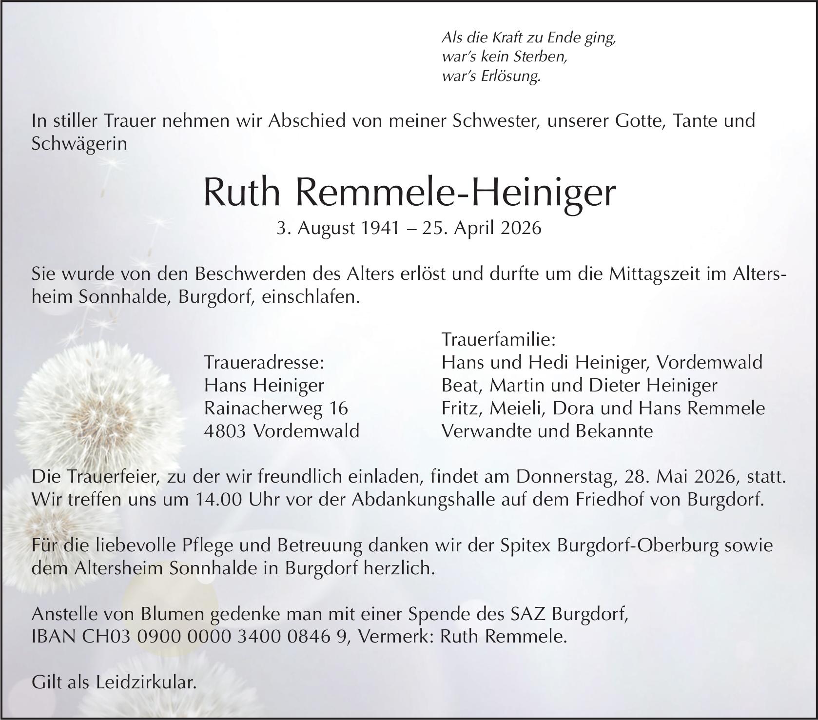 Ruth Remmele-Heiniger, April 2026 / TA