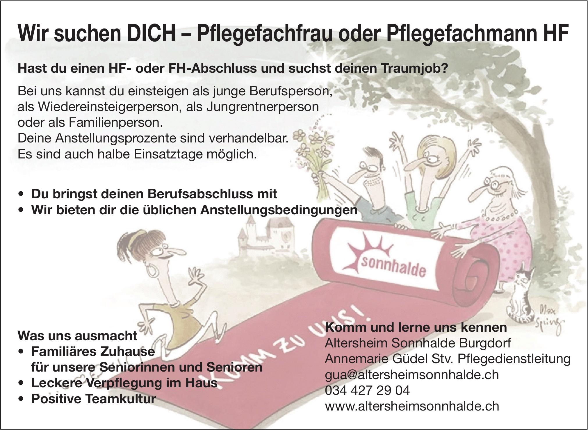 Pflegefachfrau oder Pflegefachmann HF, Altersheim Sonnhalde Burgdorf, Gesucht