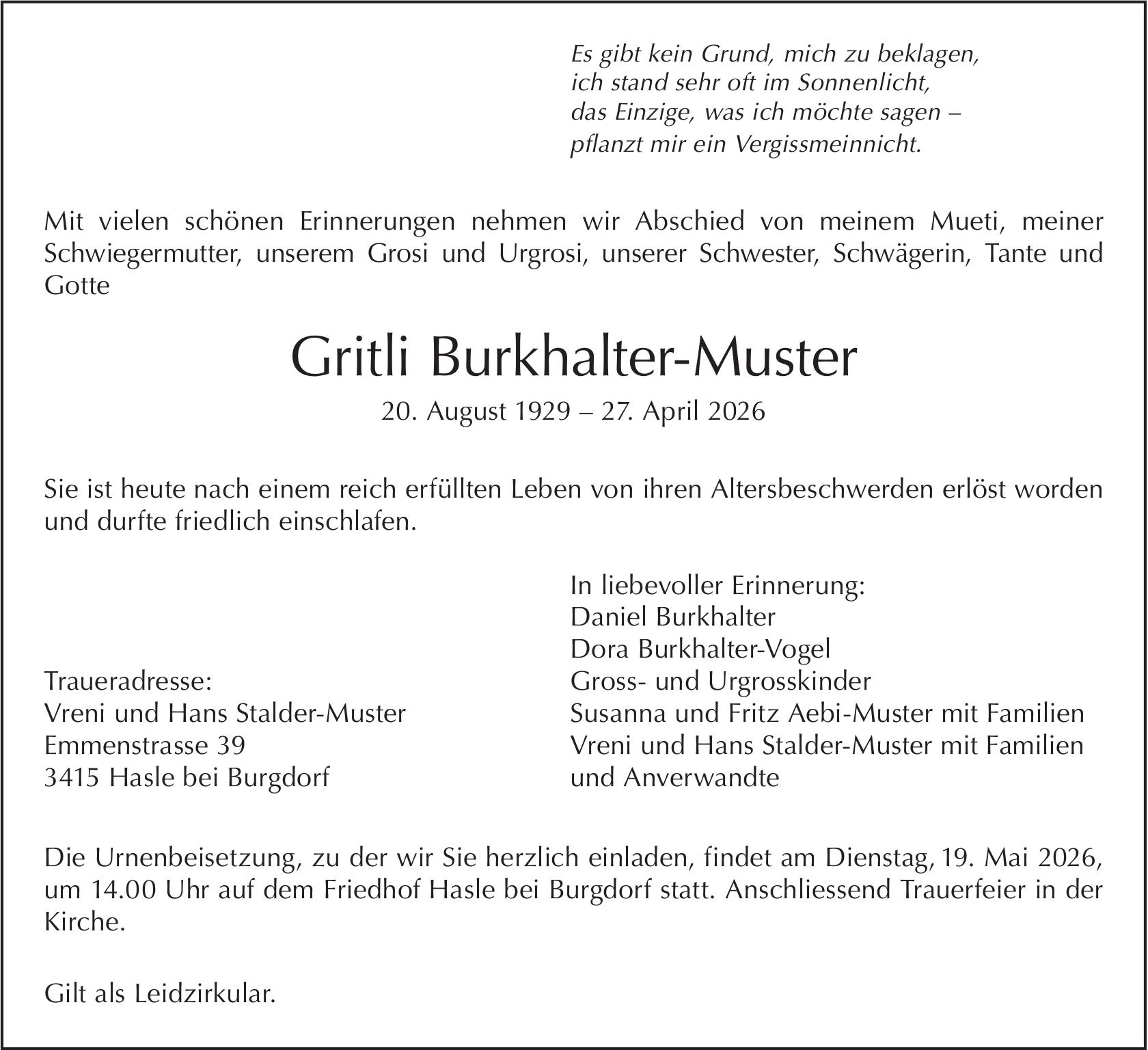 Gritli Burkhalter-Muster, April 2026 / TA