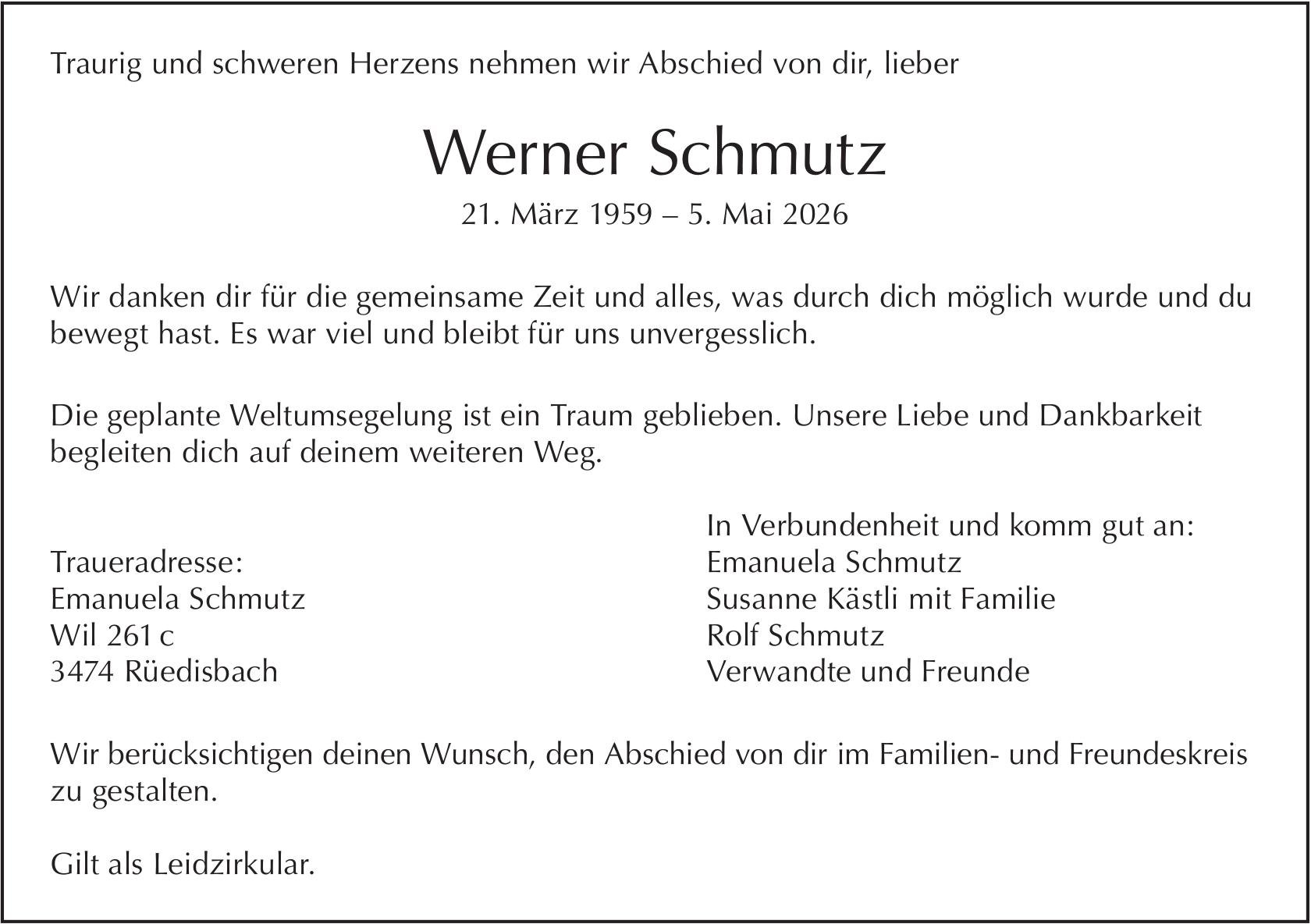 Werner Schmutz, Mai 2026 / TA