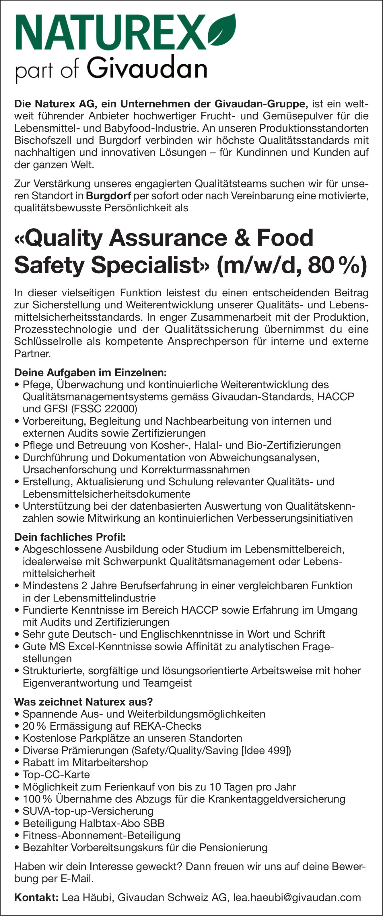 Quality Assurance & Food Safety Specialist (m/w/d, 80%), Naturex AG, Gesucht