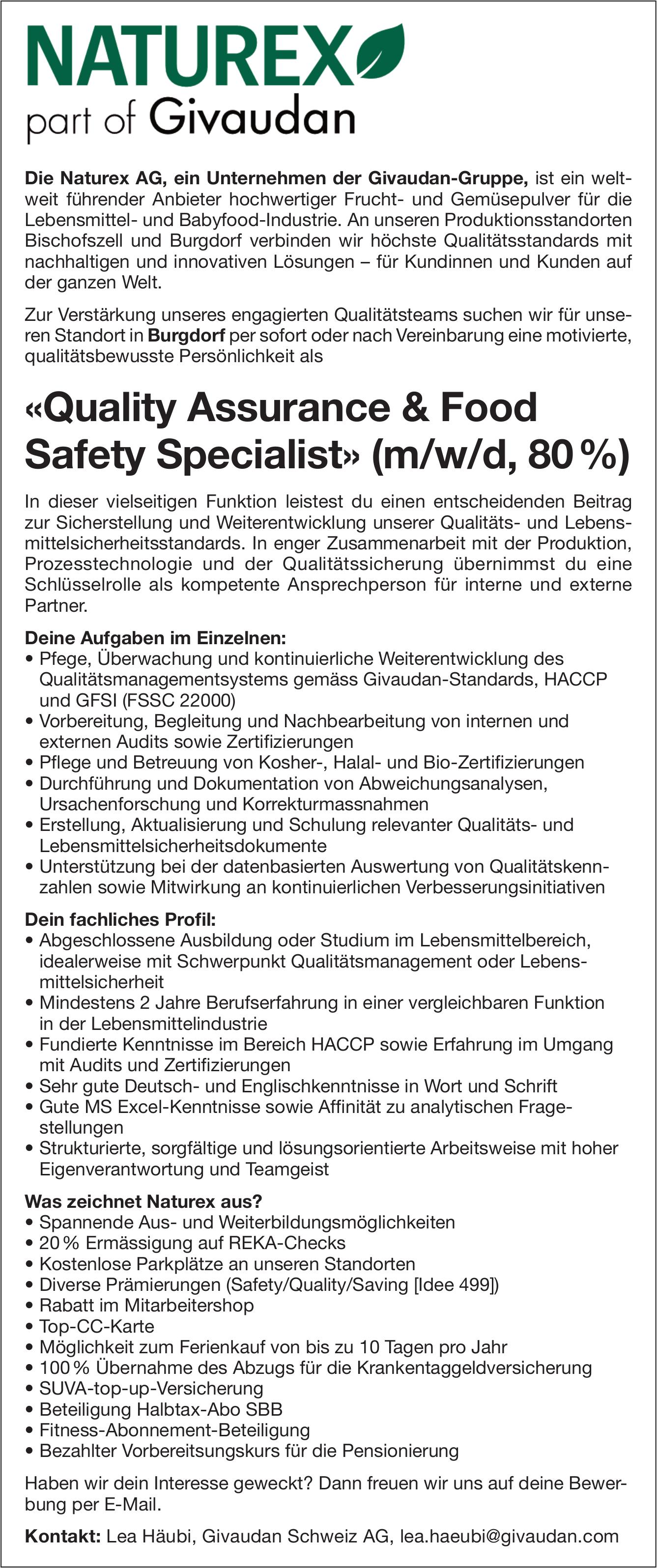 Quality Assurance & Food Safety Specialist (m/w/d, 80%), Naturex AG, Burgdorf, Gesucht