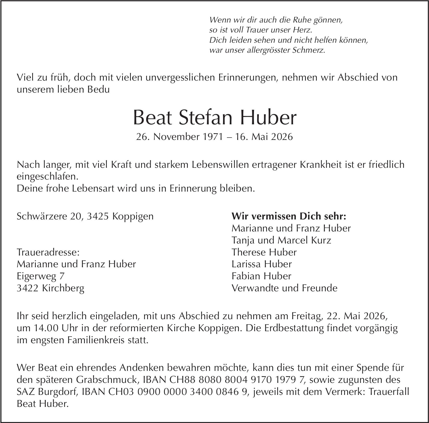 Beat Stefan Huber, Mai 2026 / TA