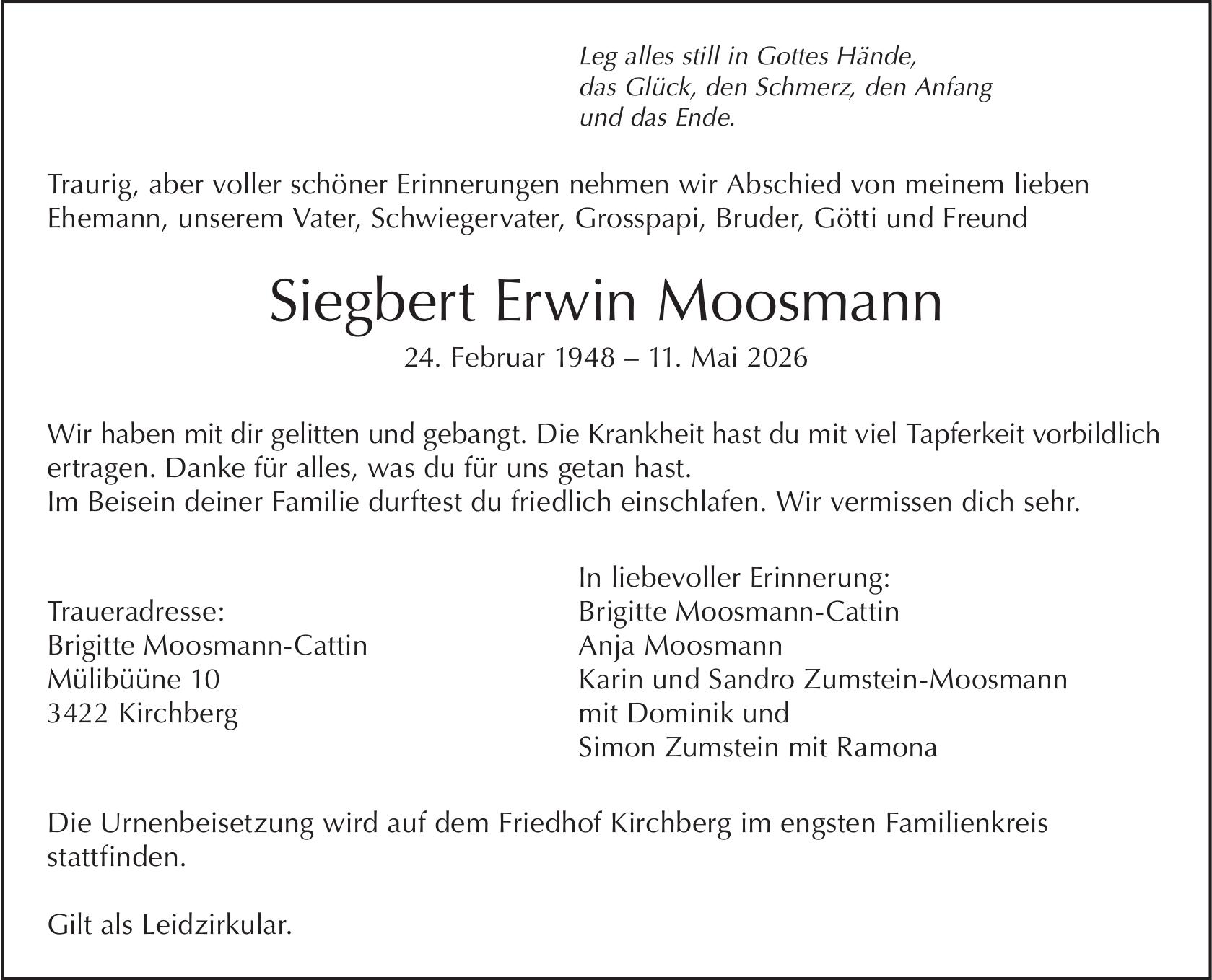 Siegbert Erwin Moosmann, Mai 2026 / TA