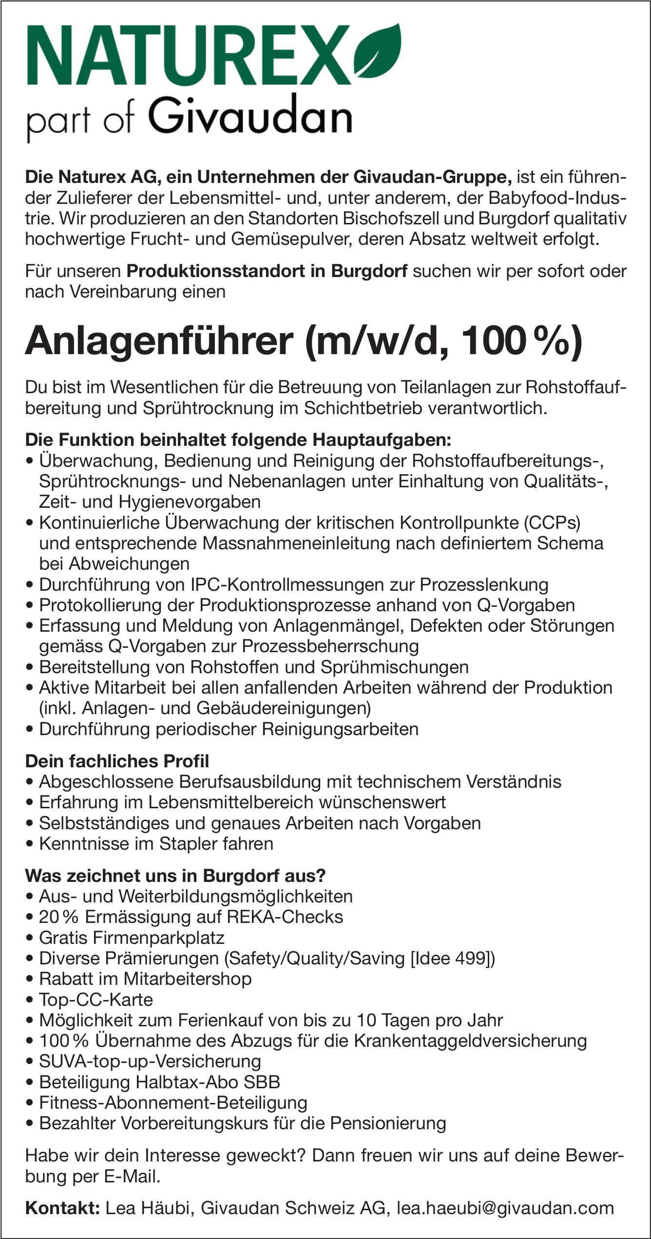 Anlagenführer (m/w/d, 100 %), Naturex AG, Gesucht