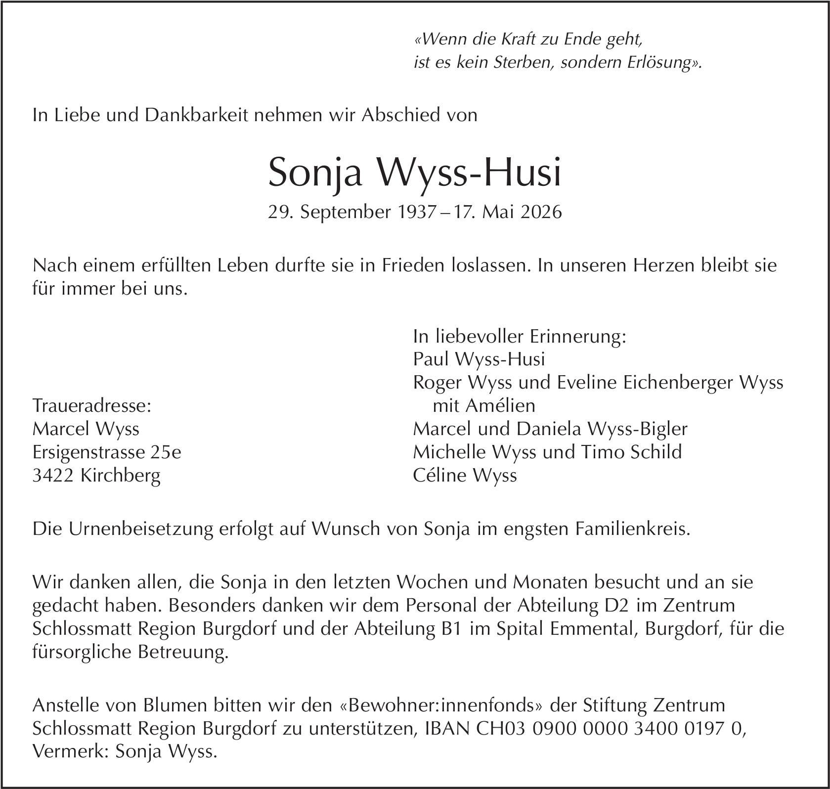 Sonja Wyss-Husi, Mai 2026 / TA