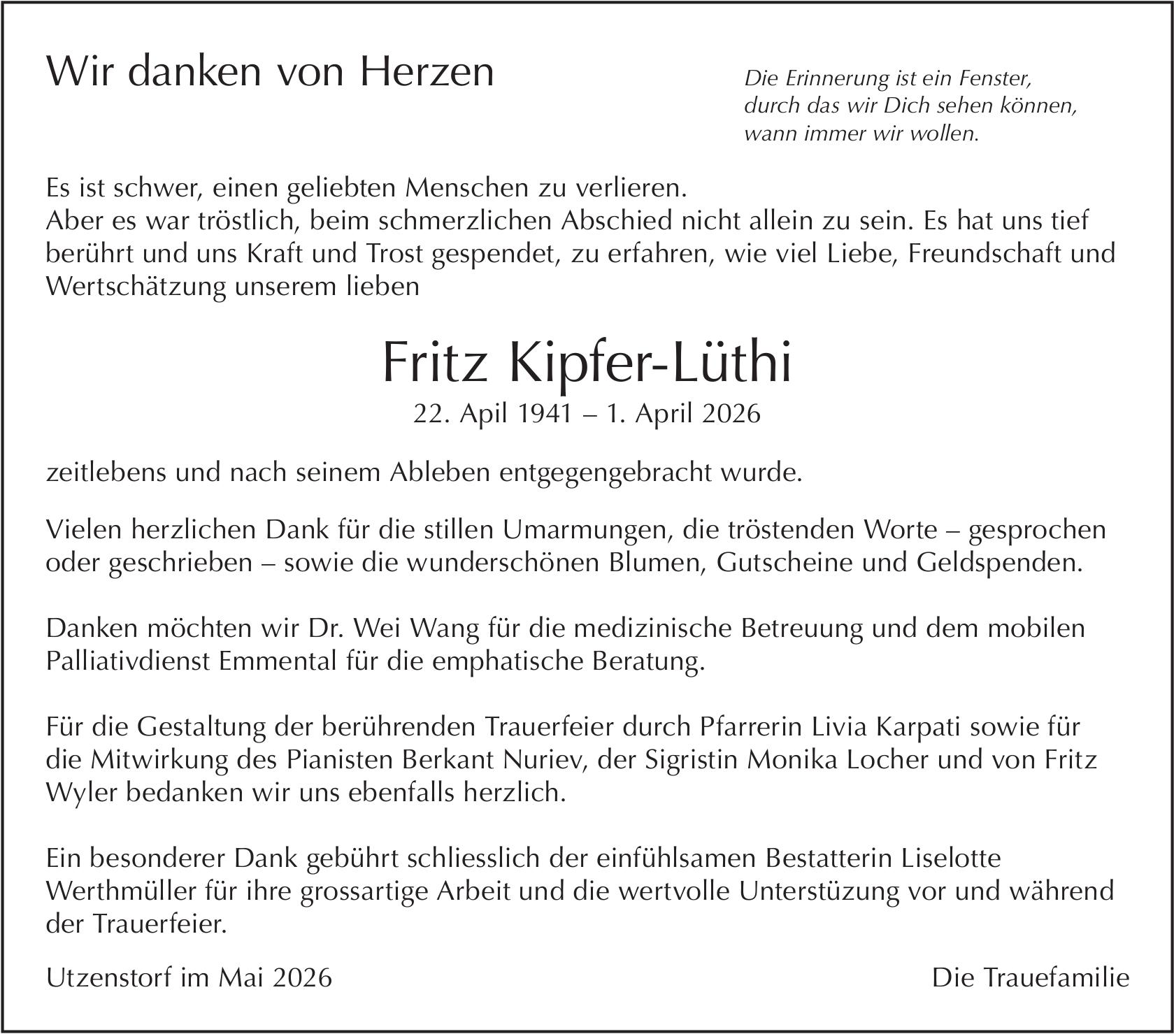 Fritz Kipfer-Lüthi, im Mai 2026 / DS