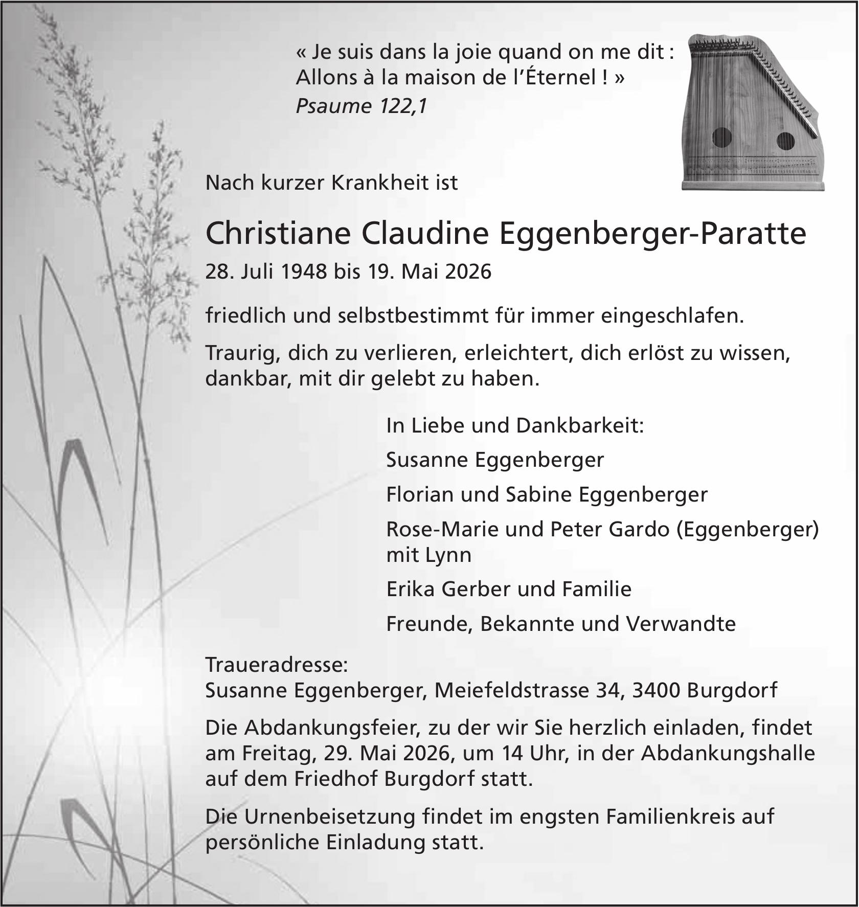 Christiane Claudine Eggenberger-Paratte, Mai 2026 / TA