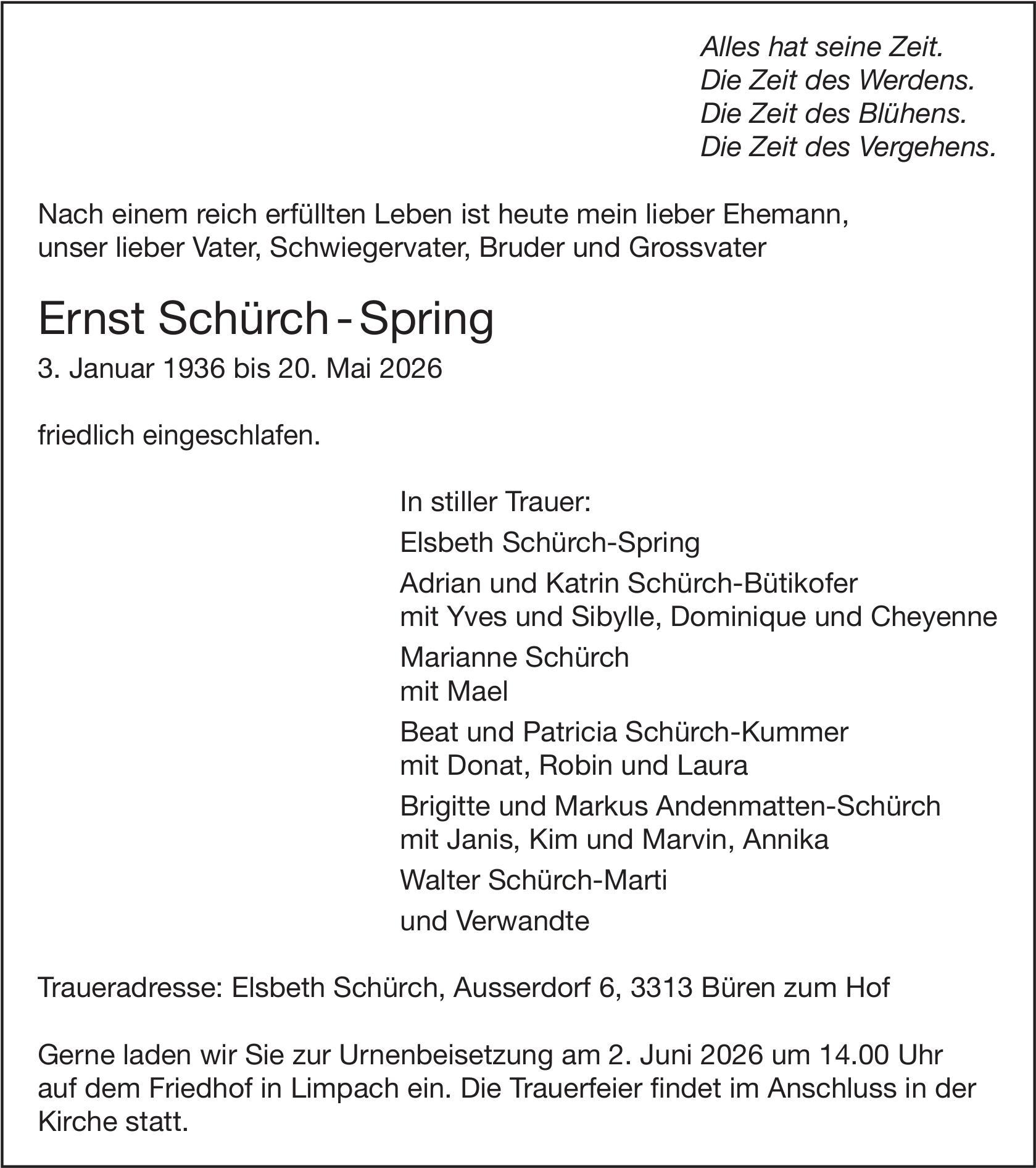 Ernst Schürch-Spring, Mai 2026 / TA