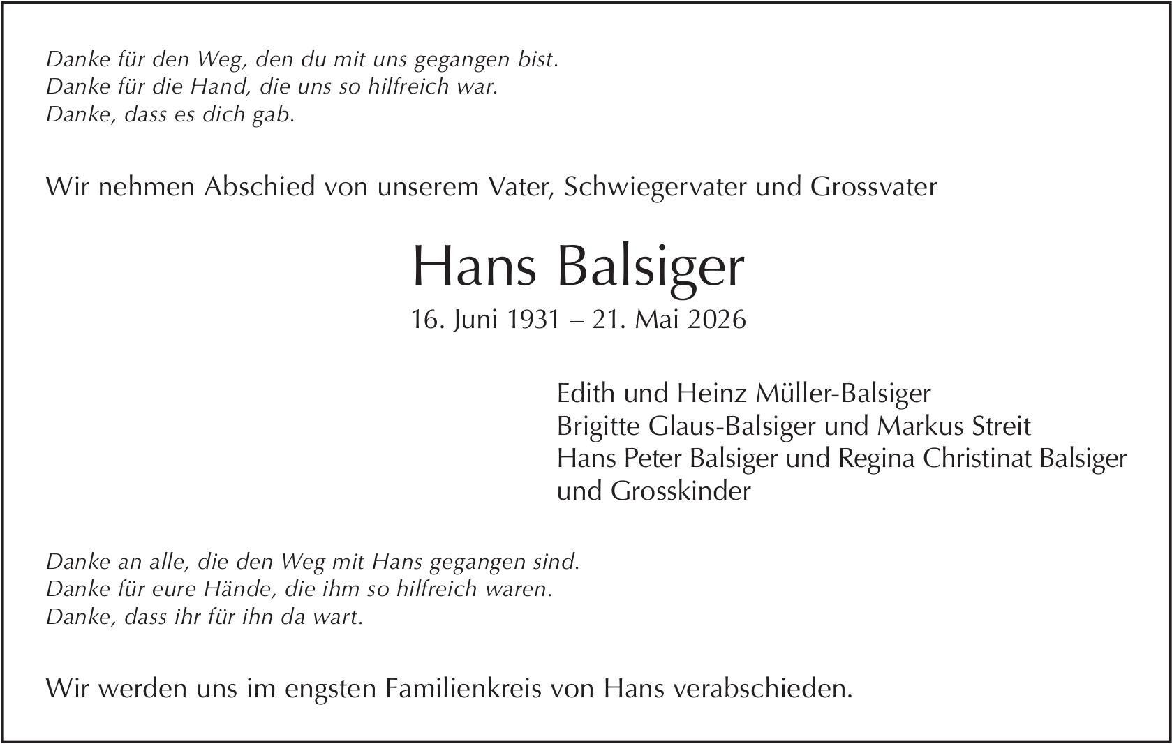 Balsiger Hans, Mai 2026 / TA