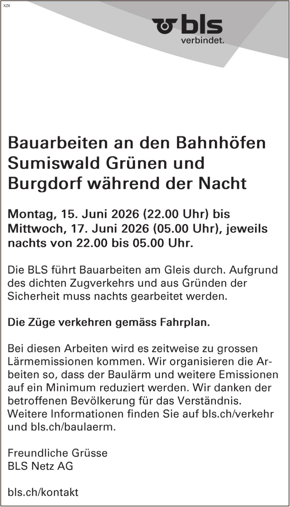 Bauarbeiten an den Bahnhöfen Sumiswald Grünen und Burgdorf während der Nacht