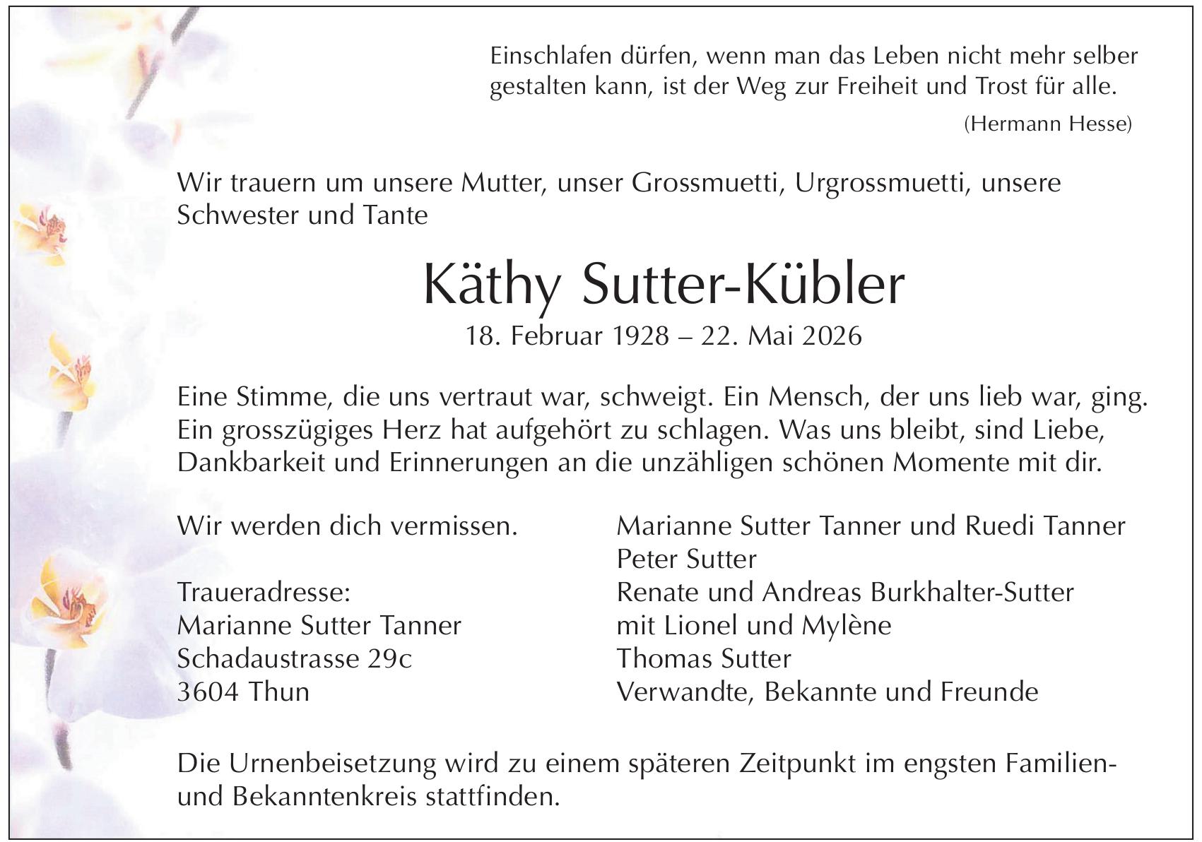 Sutter-Kübler Käthy, Mai 2026 / TA