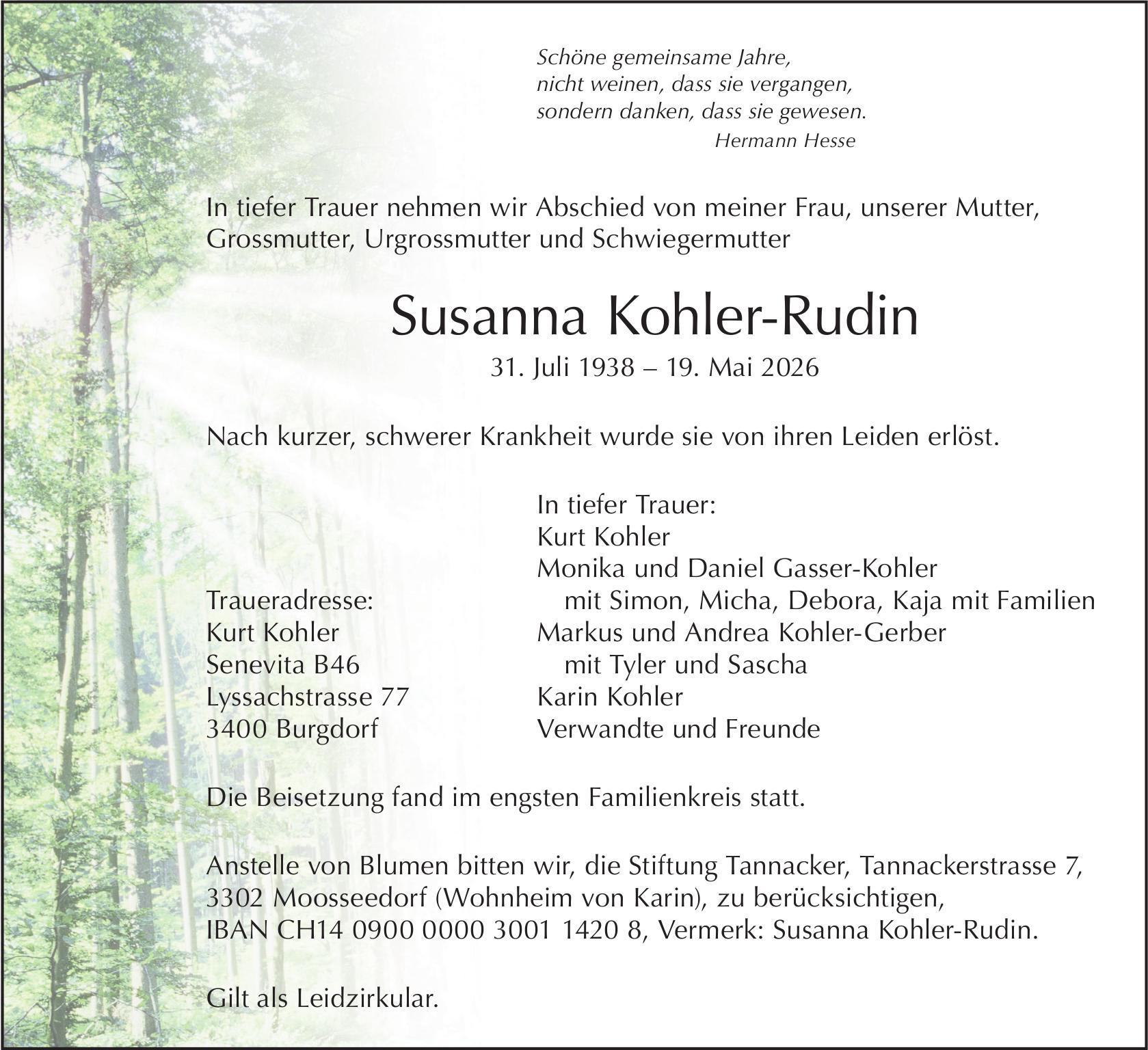 Susanna Kohler-Rudin, Mai 2026 / TA