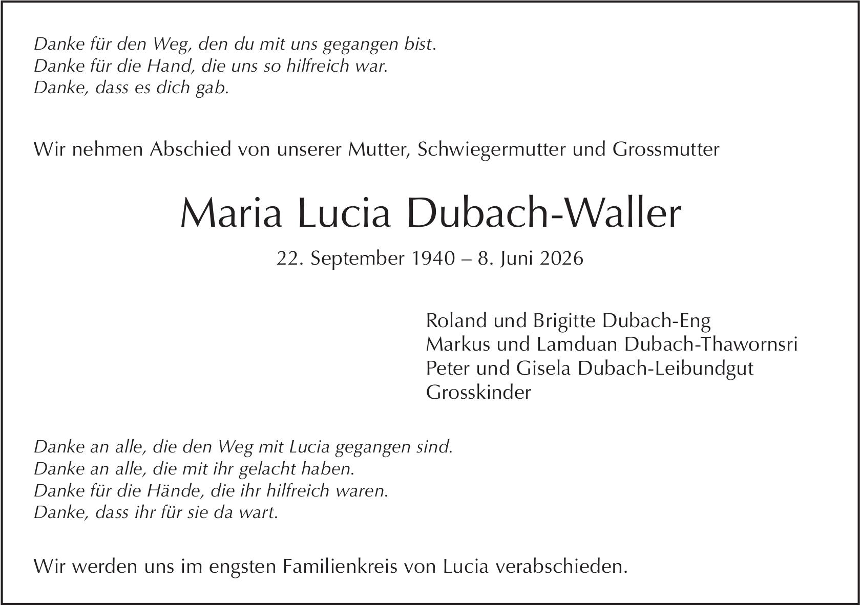 Maria Lucia Dubach-Waller, Juni 2026 / TA