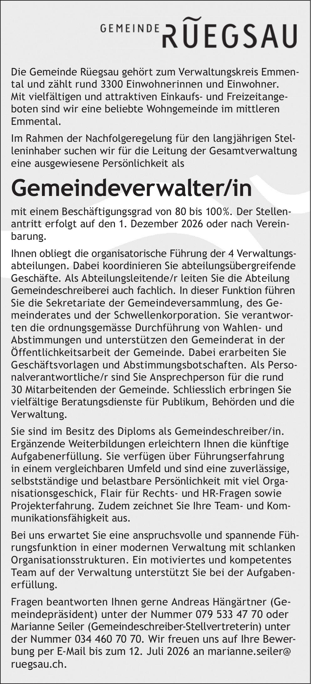 Gemeindeverwalter/in, Gemeinde Rüegsau, Gesucht