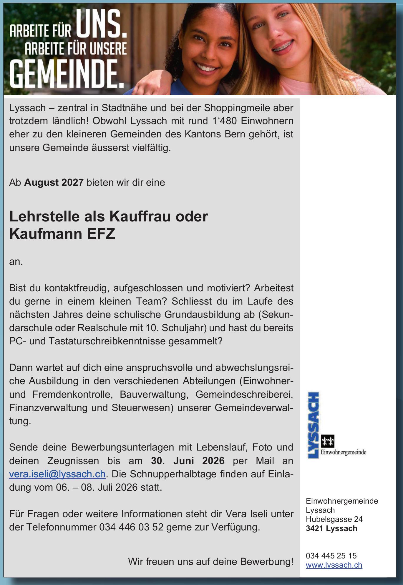 Lehrstelle als Kauffrau oder Kaufmann EFZ, Einwohnergemeinde Lyssach, zu vergeben