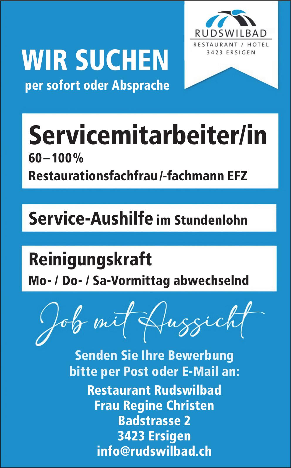 Servicemitarbeiter/in, Restaurant Rudswilbad, Ersigen, Gesucht